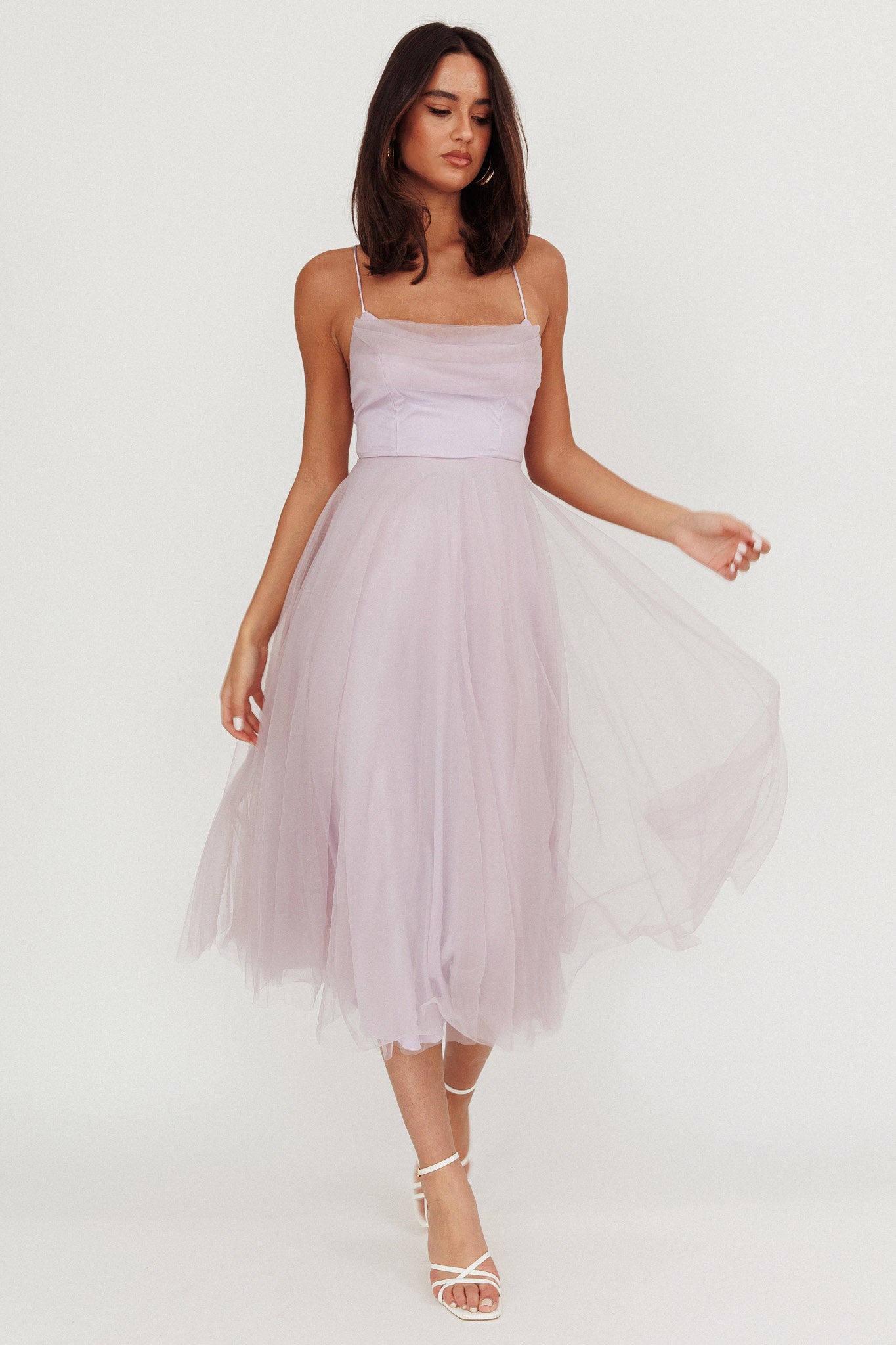 Floating By Pleated Neckline Mesh Midi Dress Lilac-Maymioy