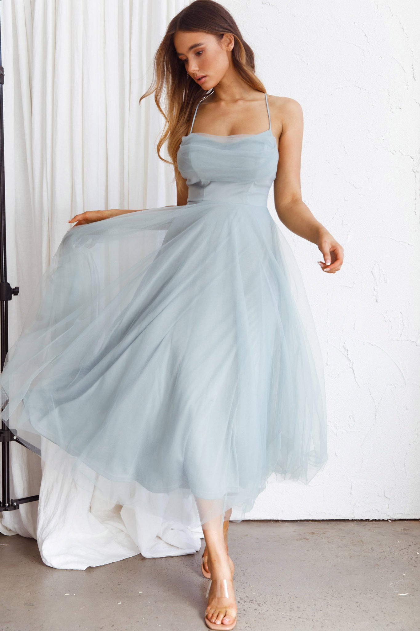 Floating By Pleated Neckline Mesh Midi Dress Sage-Maymioy