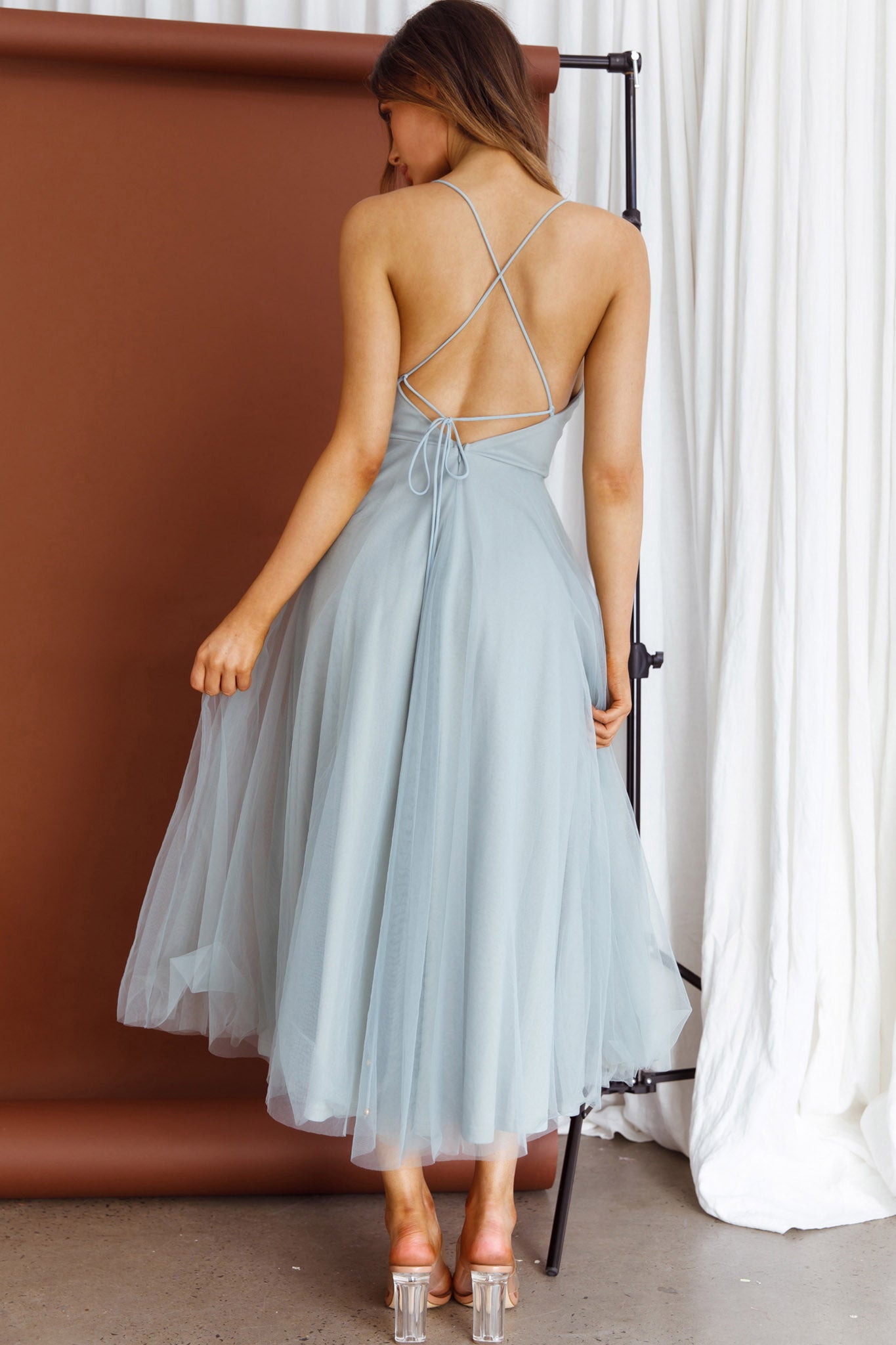 Floating By Pleated Neckline Mesh Midi Dress Sage-Maymioy
