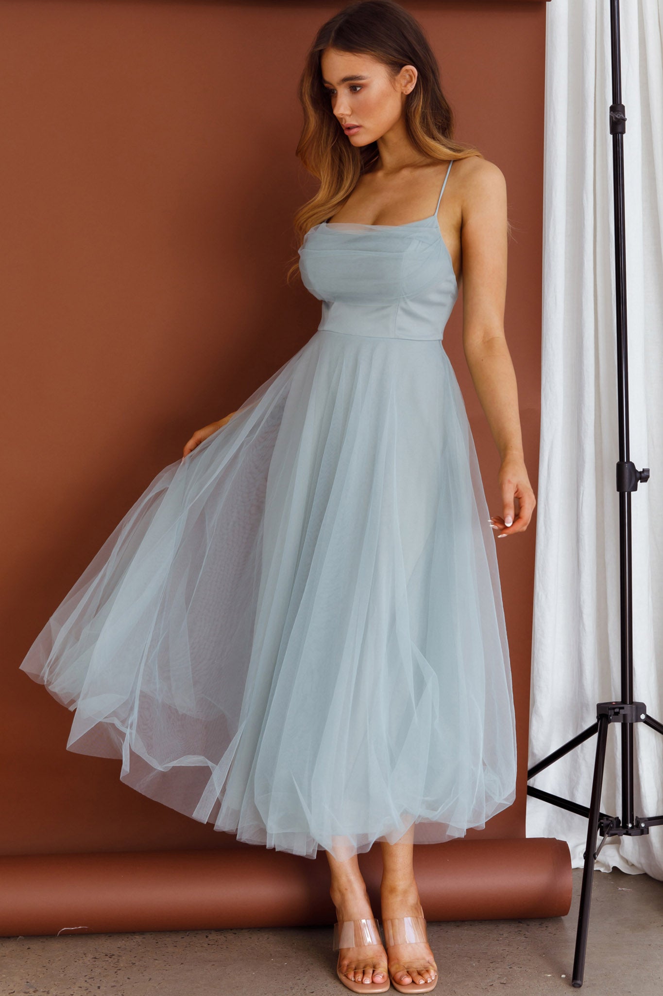Floating By Pleated Neckline Mesh Midi Dress Sage-Maymioy