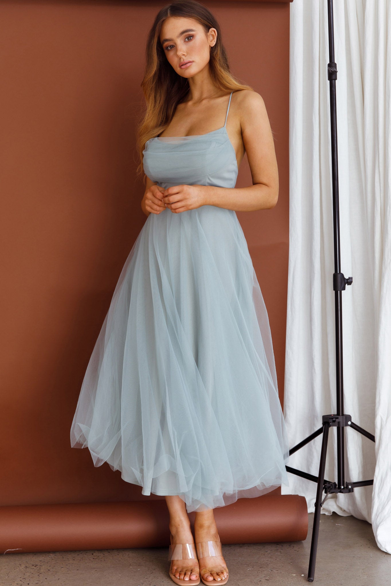 Floating By Pleated Neckline Mesh Midi Dress Sage-Maymioy