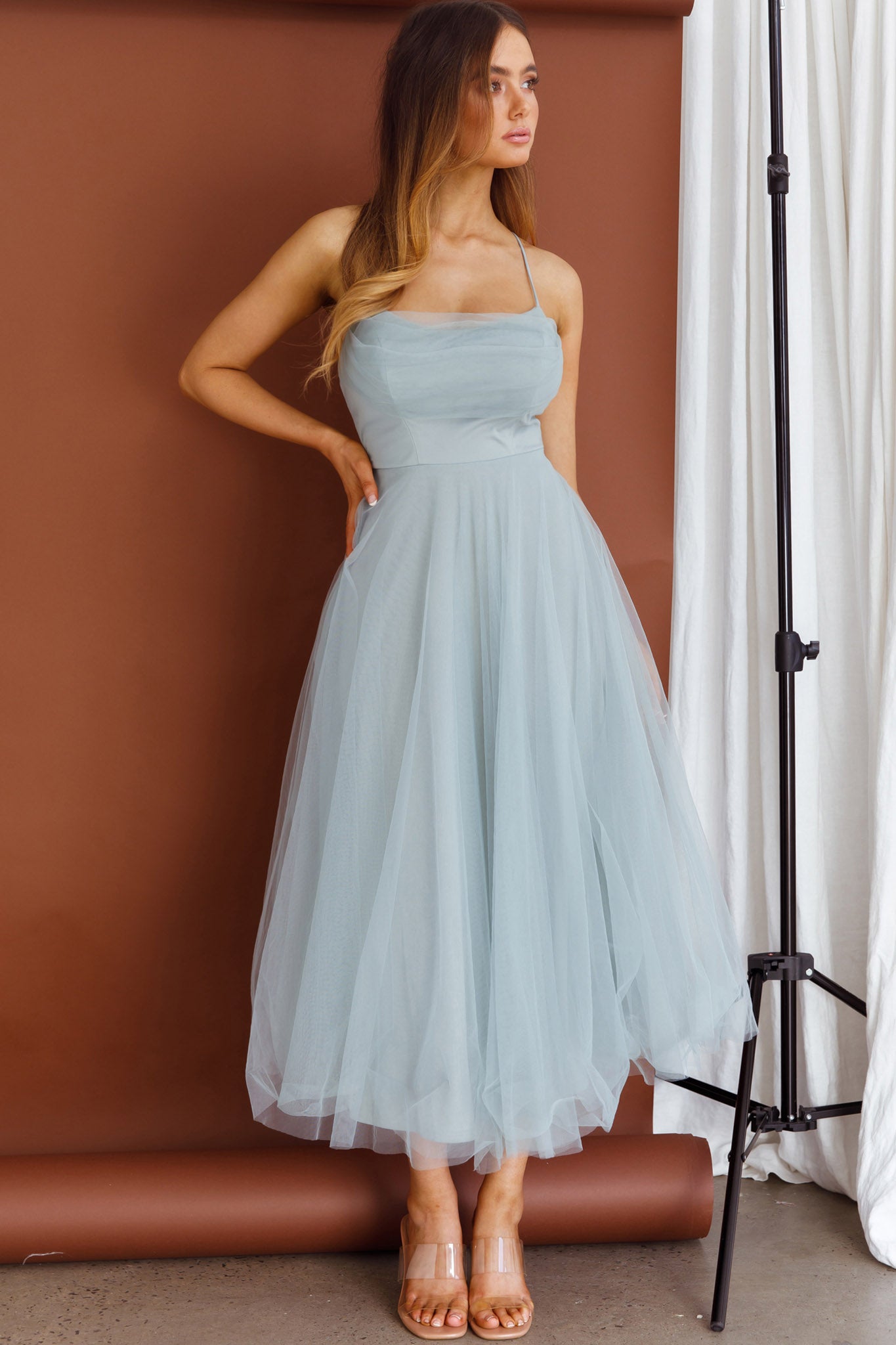 Floating By Pleated Neckline Mesh Midi Dress Sage-Maymioy