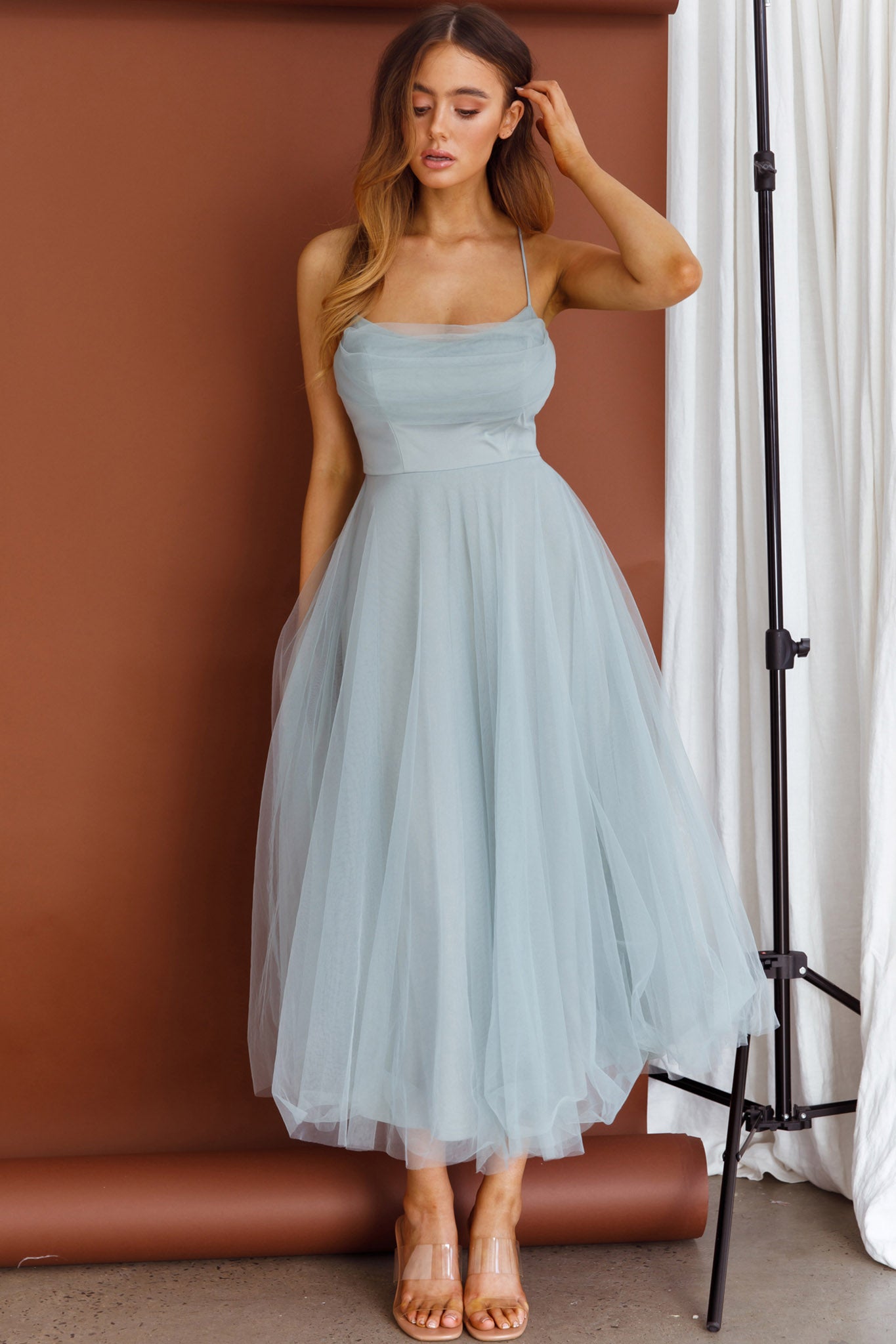 Floating By Pleated Neckline Mesh Midi Dress Sage-Maymioy