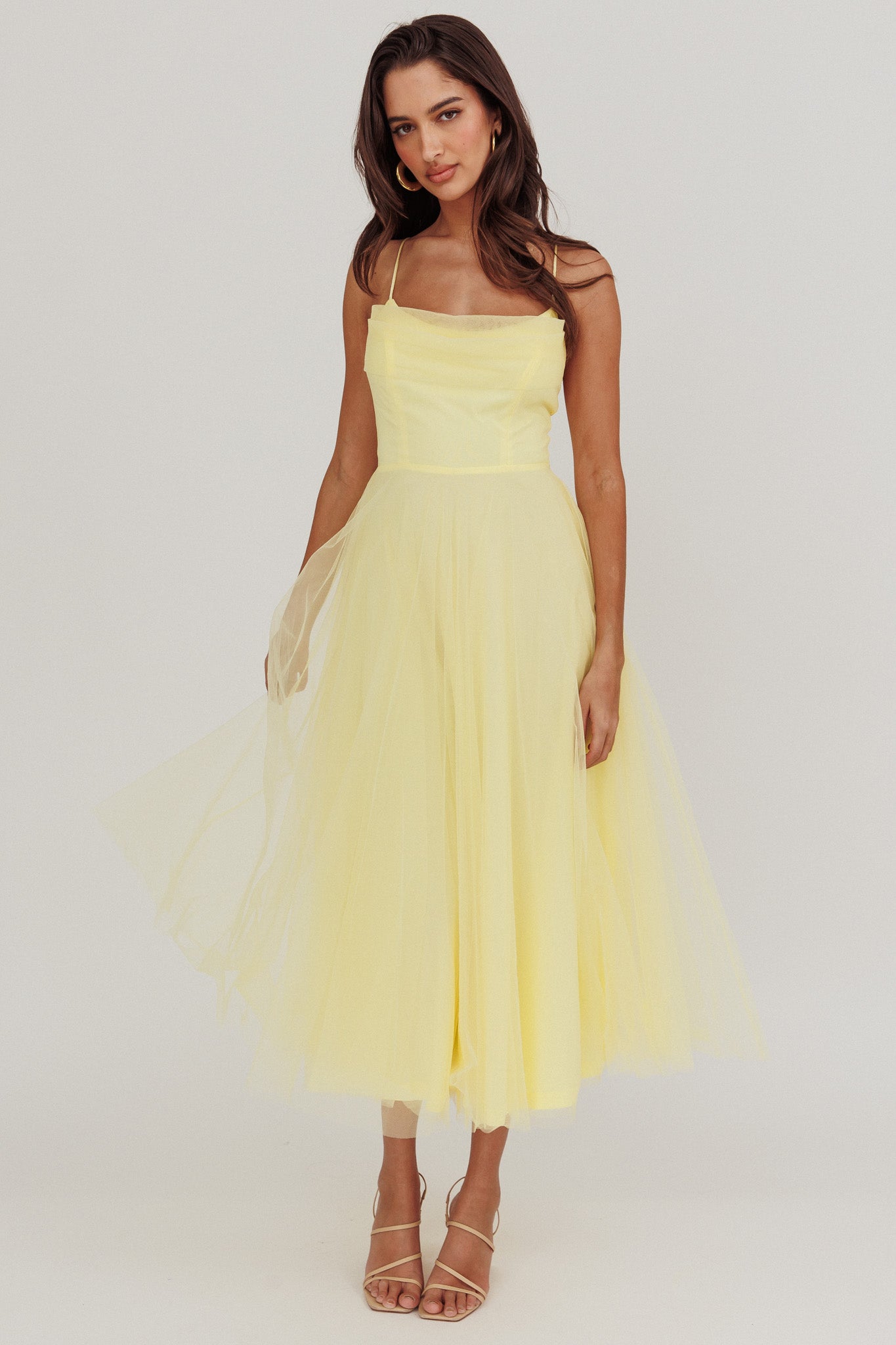 Floating By Pleated Neckline Mesh Midi Dress Yellow-Maymioy
