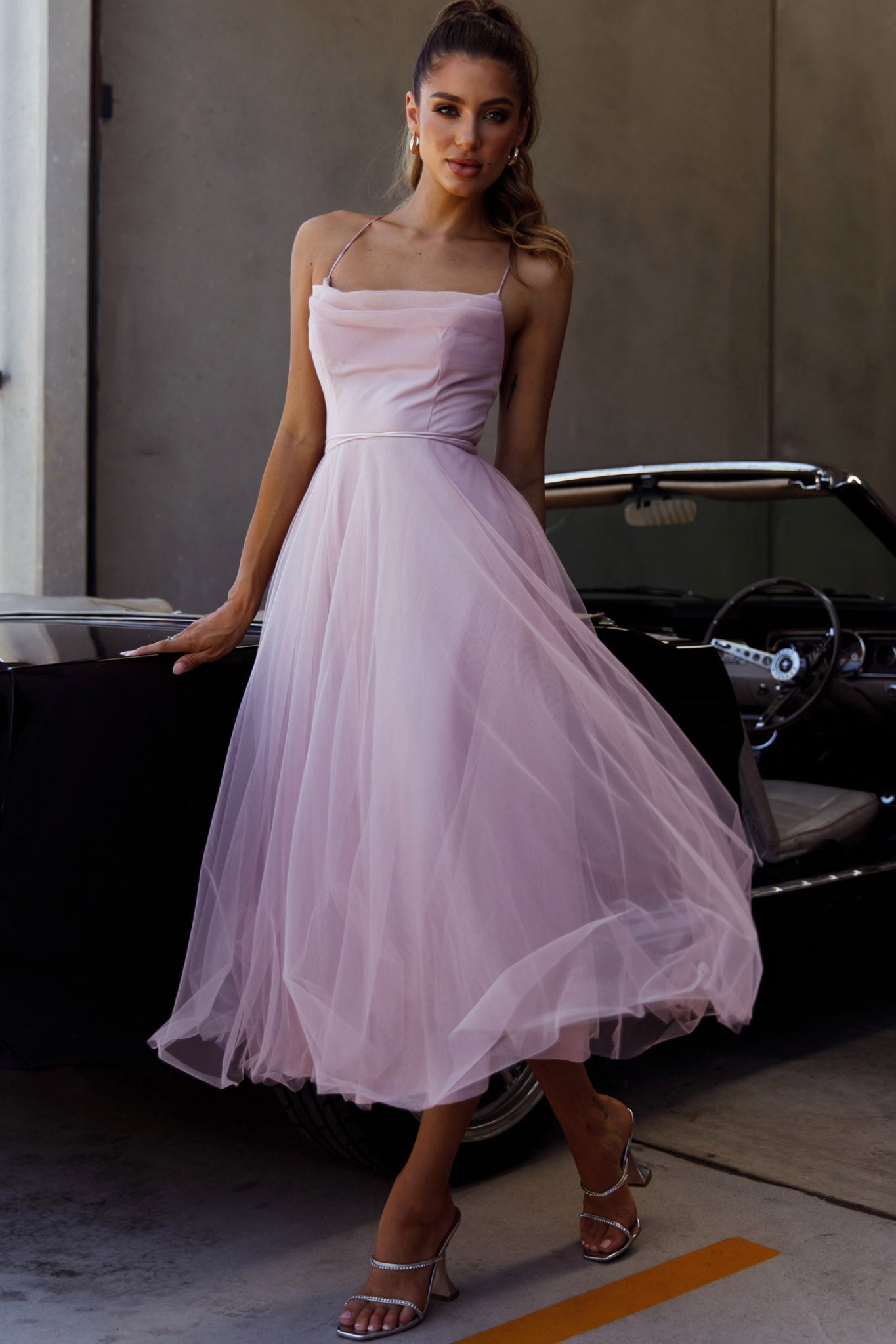Floating By Pleated Neckline Mesh Midi Dress Blush-Maymioy