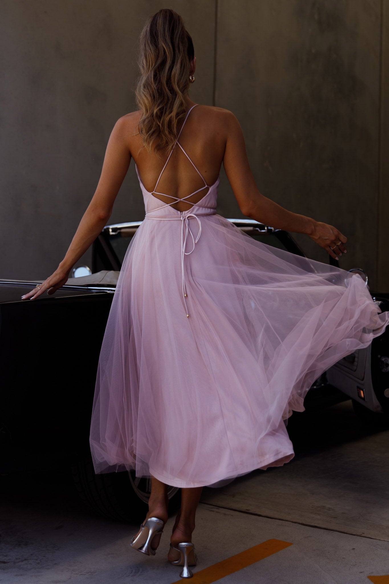 Floating By Pleated Neckline Mesh Midi Dress Blush-Maymioy