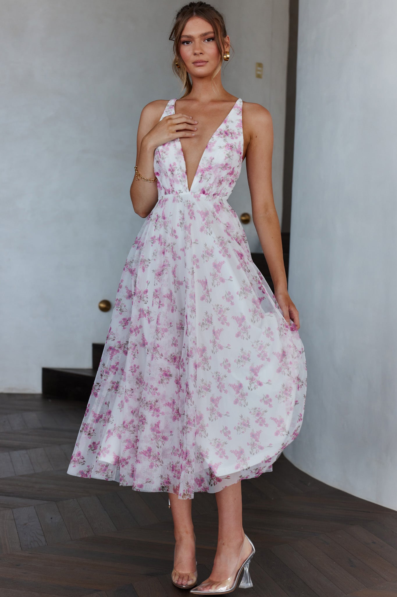 Floating By Plunging Neckline Midi Dress Floral Pink-Maymioy
