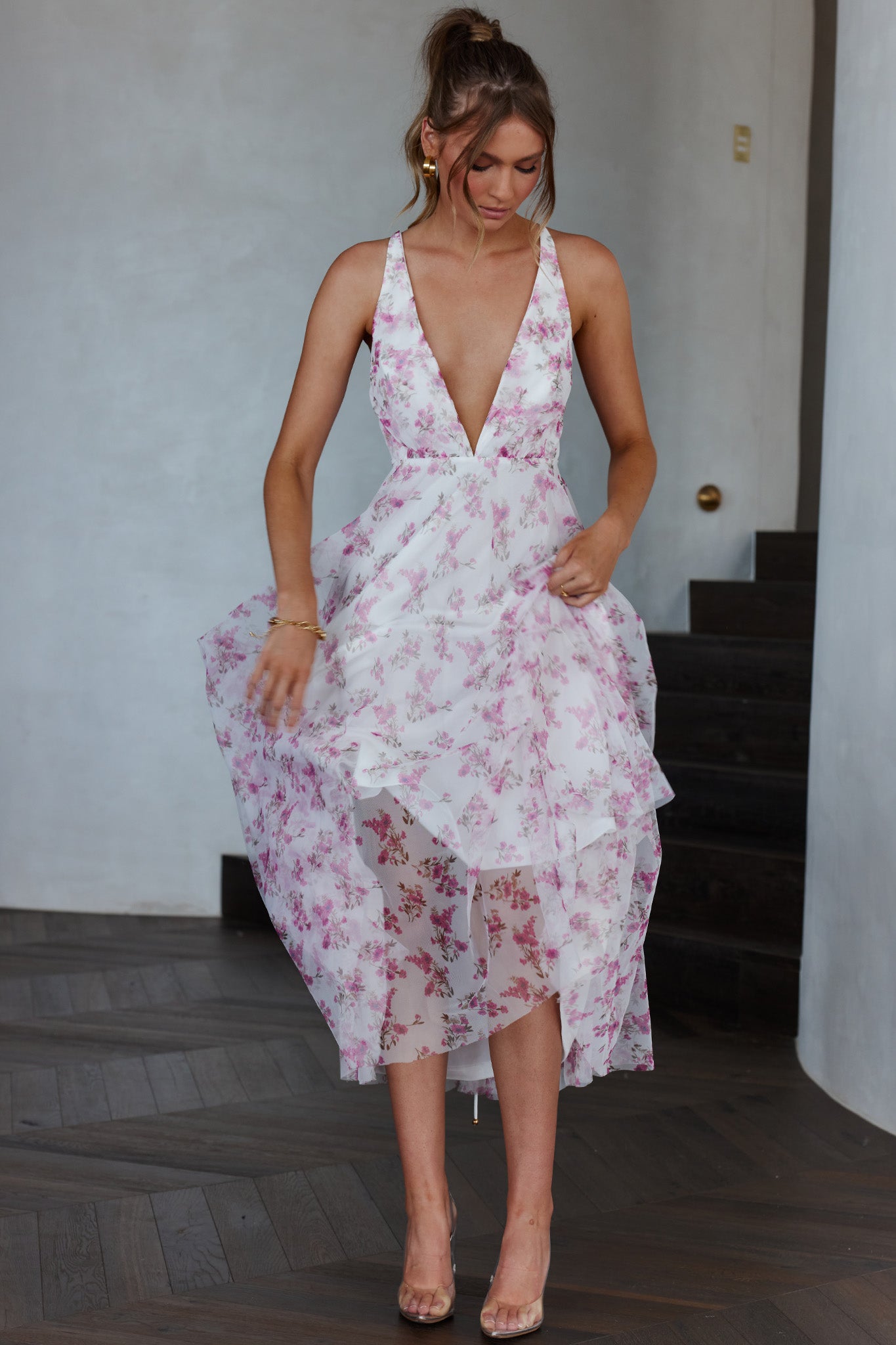 Floating By Plunging Neckline Midi Dress Floral Pink-Maymioy