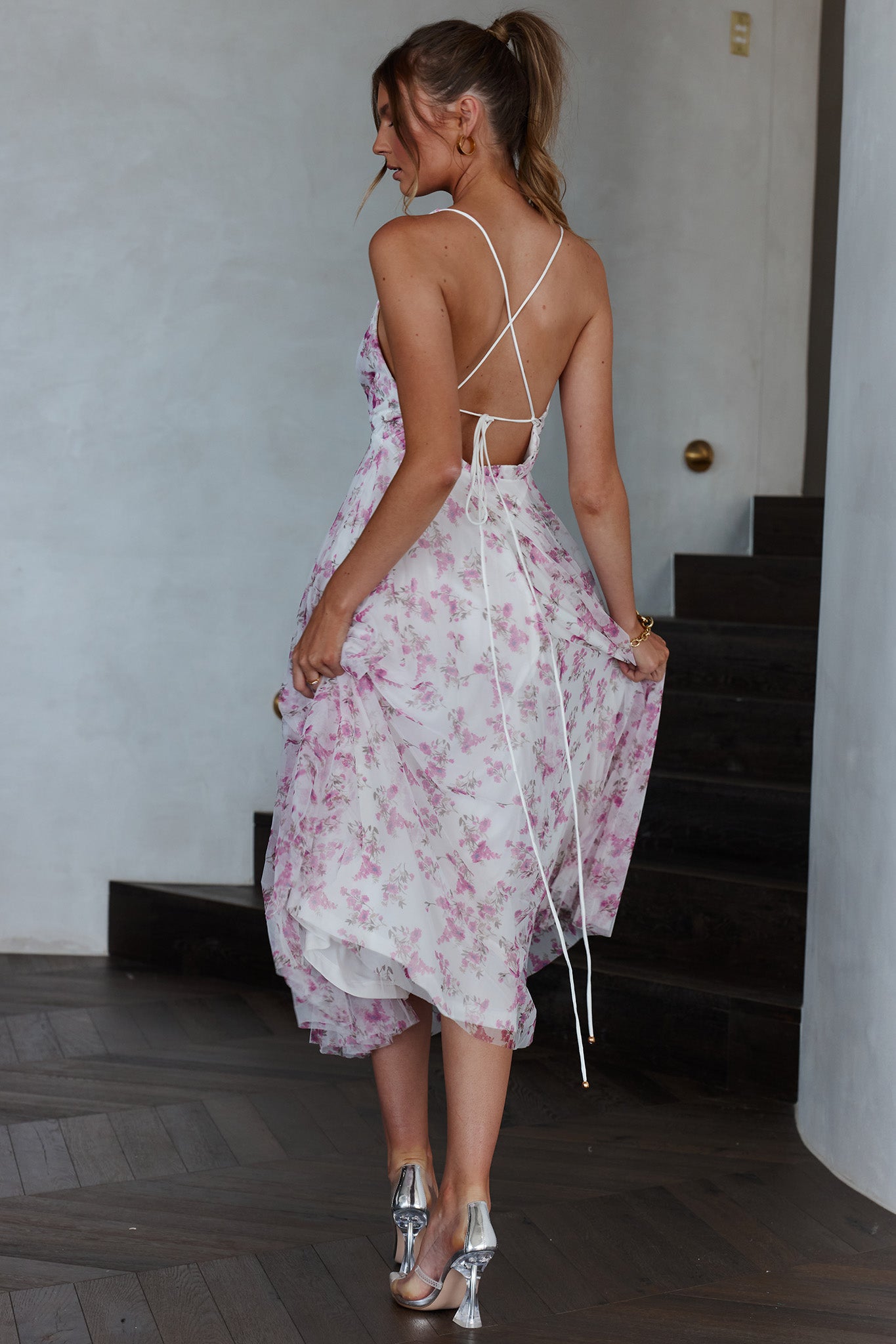 Floating By Plunging Neckline Midi Dress Floral Pink-Maymioy