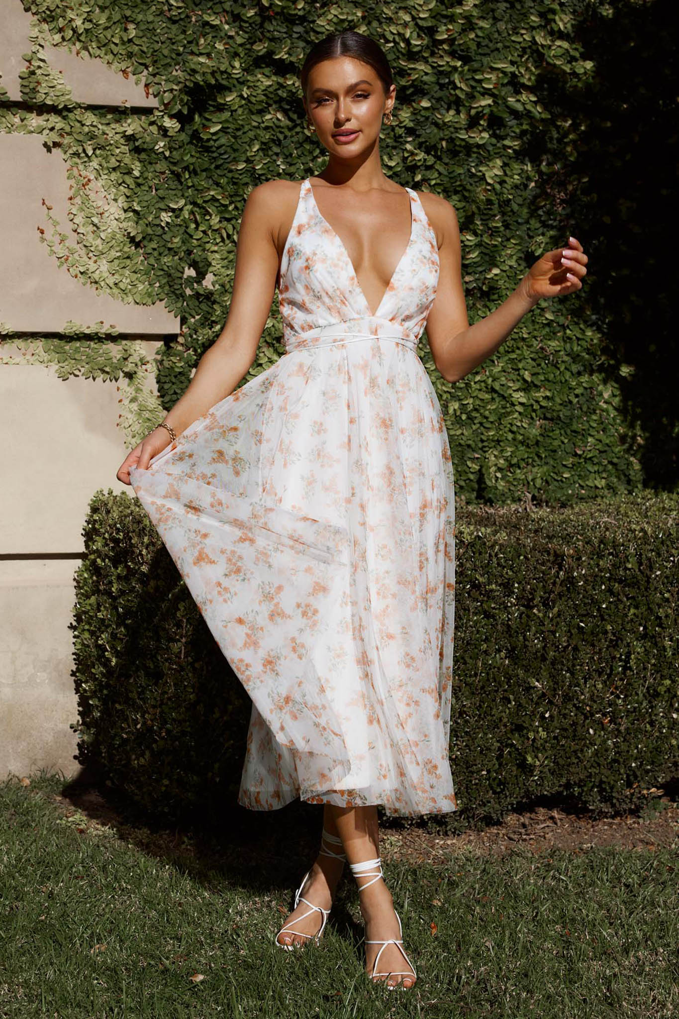 Floating By Plunging Neckline Midi Dress Floral Tangerine-Maymioy