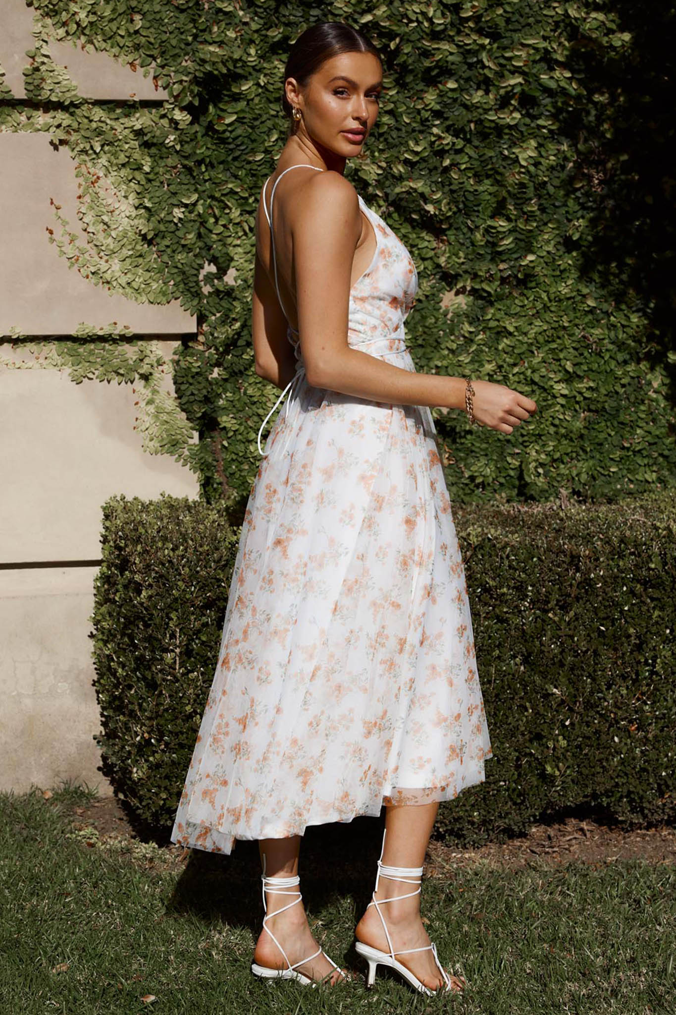 Floating By Plunging Neckline Midi Dress Floral Tangerine-Maymioy
