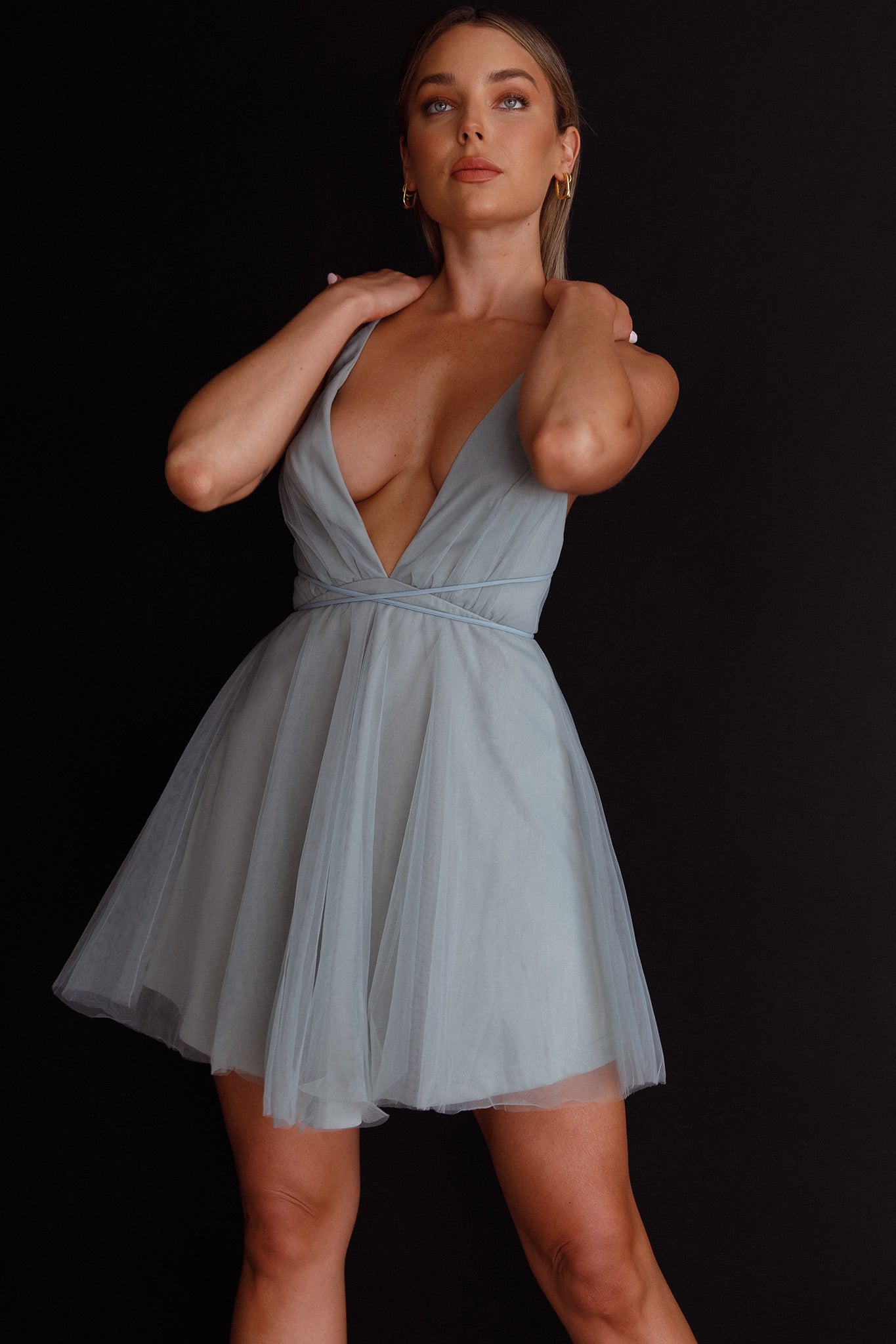 Floating By Plunging Neckline Mini Dress Sage-Maymioy