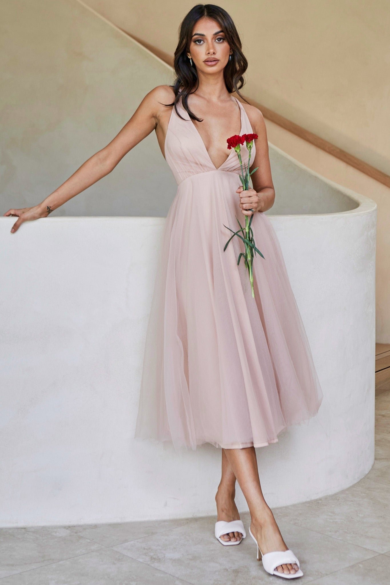 Floating By Plunging Neckline Mesh Overlay Midi Dress Apricot-Maymioy