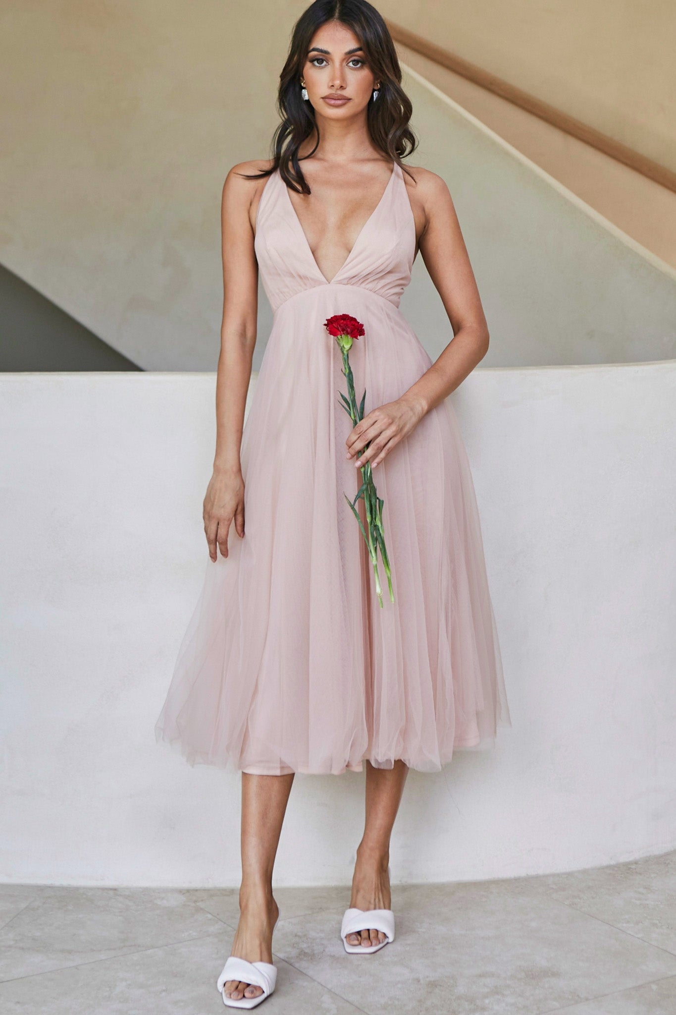Floating By Plunging Neckline Mesh Overlay Midi Dress Apricot-Maymioy
