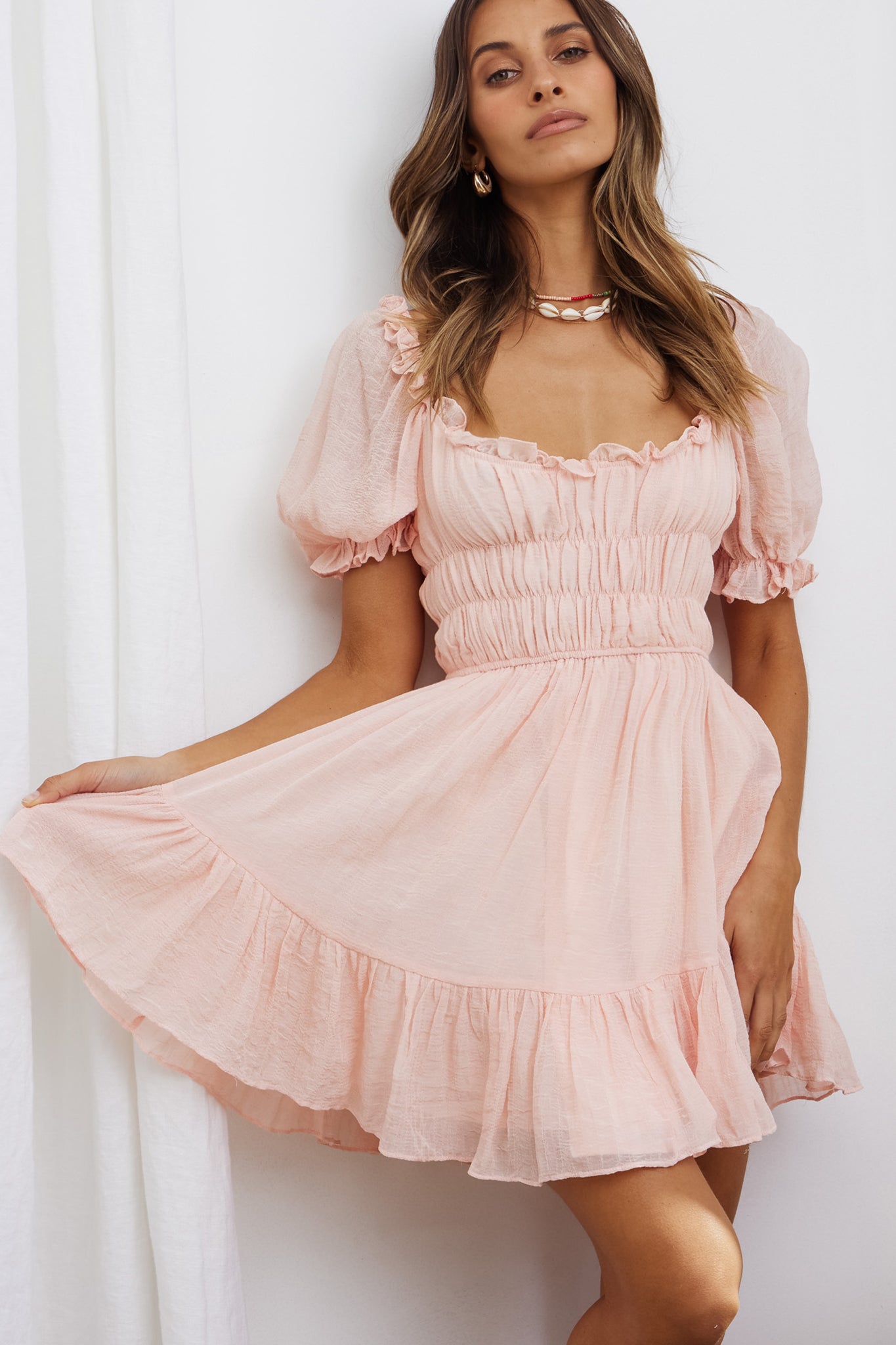 Romantics Shirred Bodice Puff Sleeve Mini Dress Blush-Maymioy