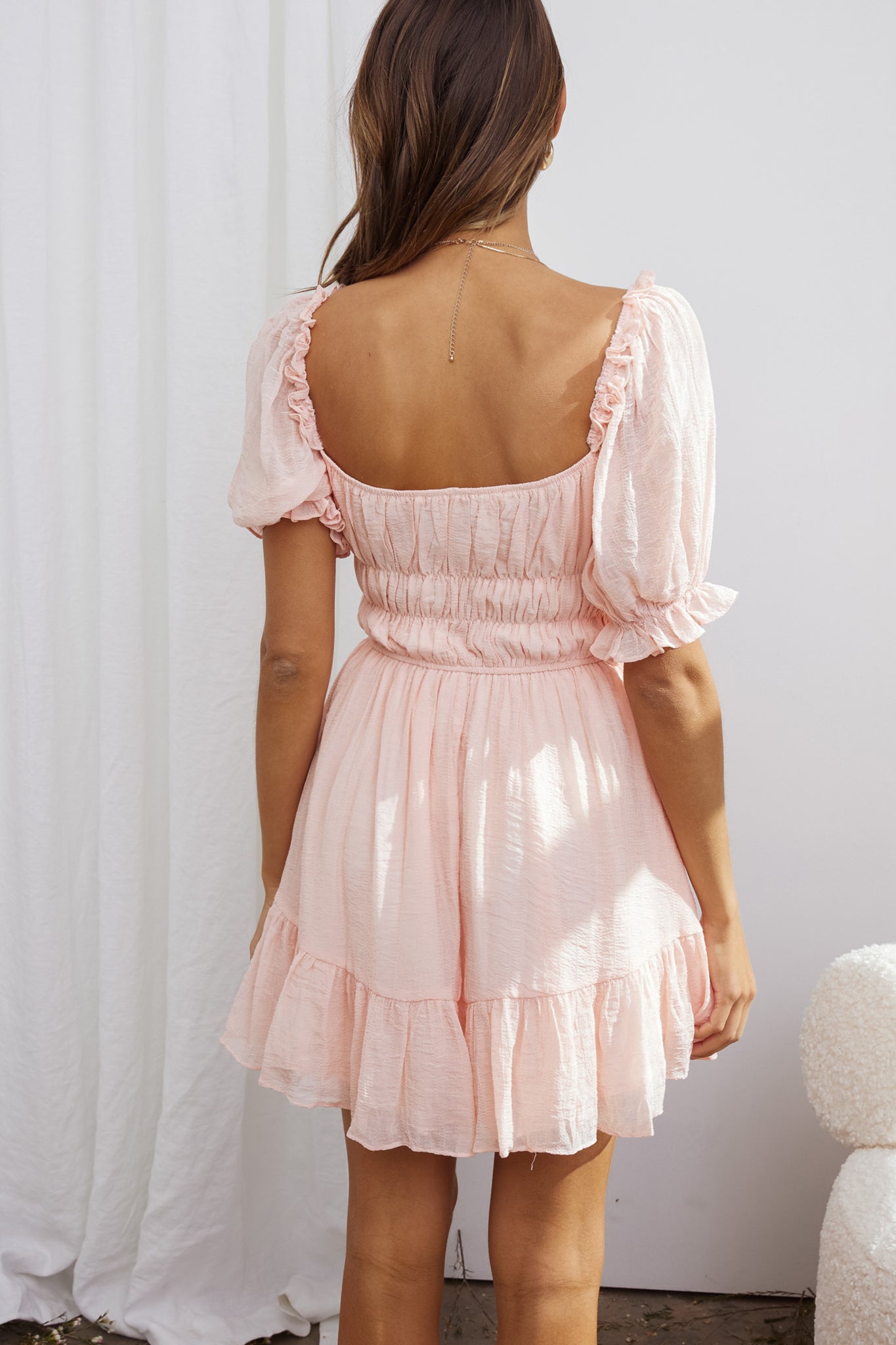 Romantics Shirred Bodice Puff Sleeve Mini Dress Blush-Maymioy