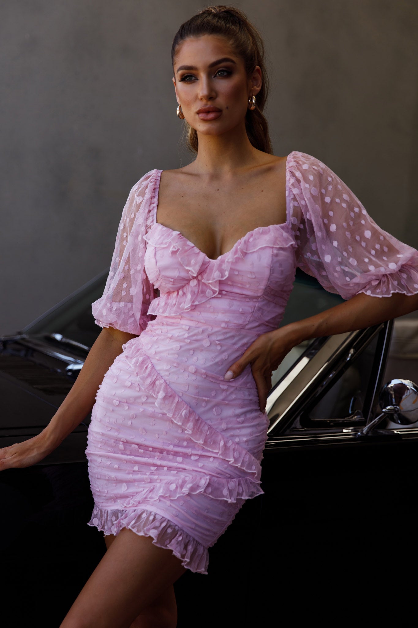 La Vida Sweetheart Neckline Puff Sleeve Dress Pink-Maymioy