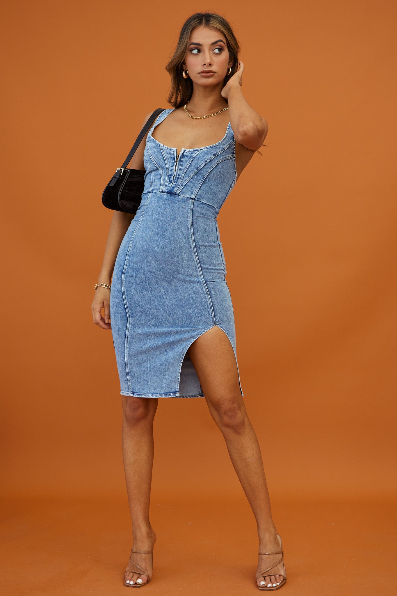 Rhythm Wide Strap Bodycon Knee Length Dress Washed Blue-Maymioy