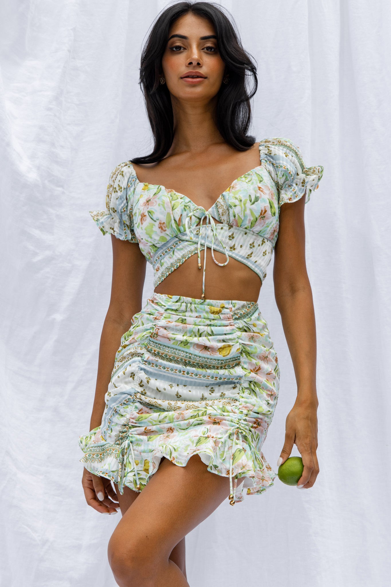 Azure Sky Ruched Mini Skirt Printed Green-Maymioy