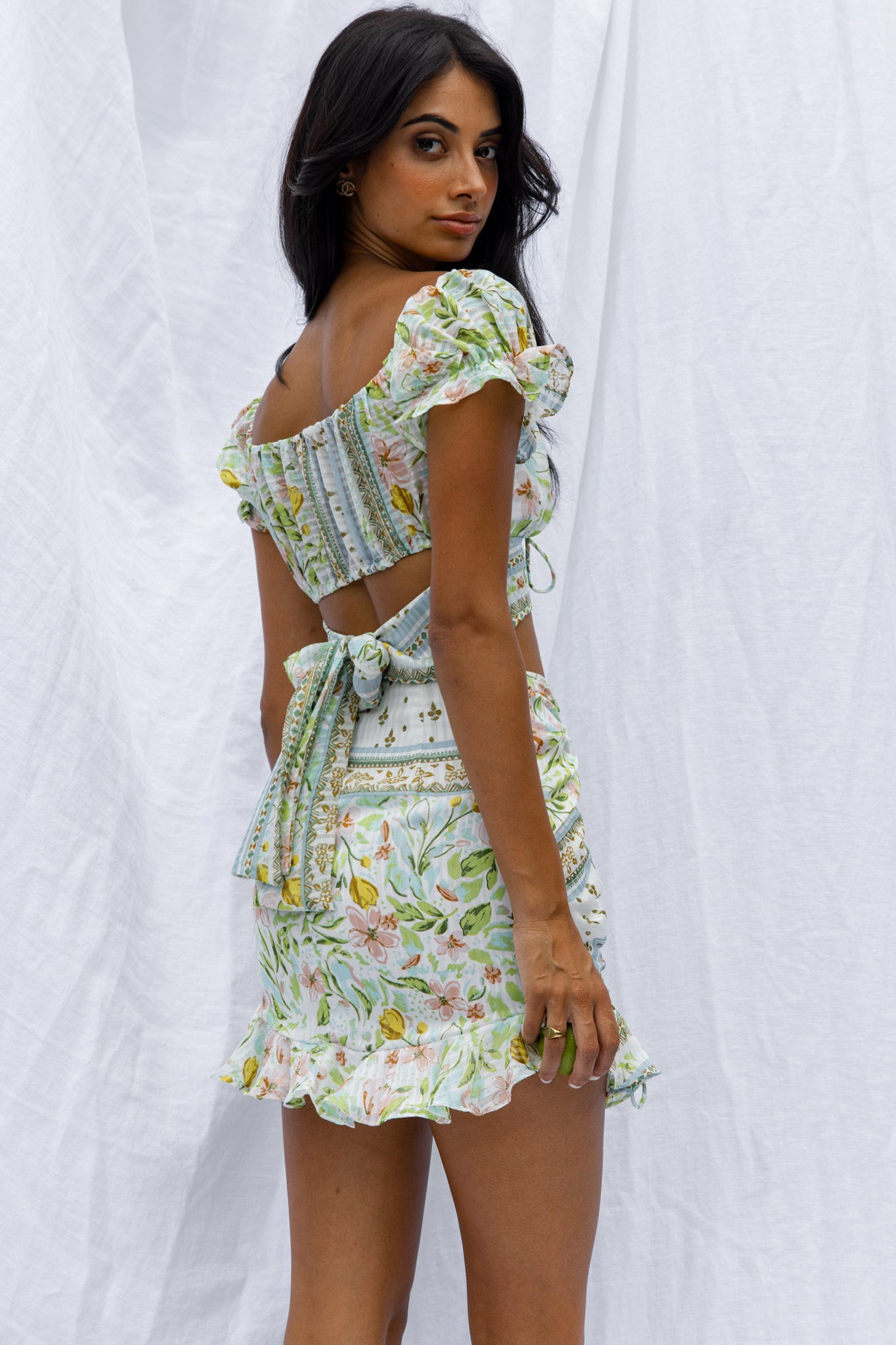 Azure Sky Tied Back Crop Top Printed Green-Maymioy