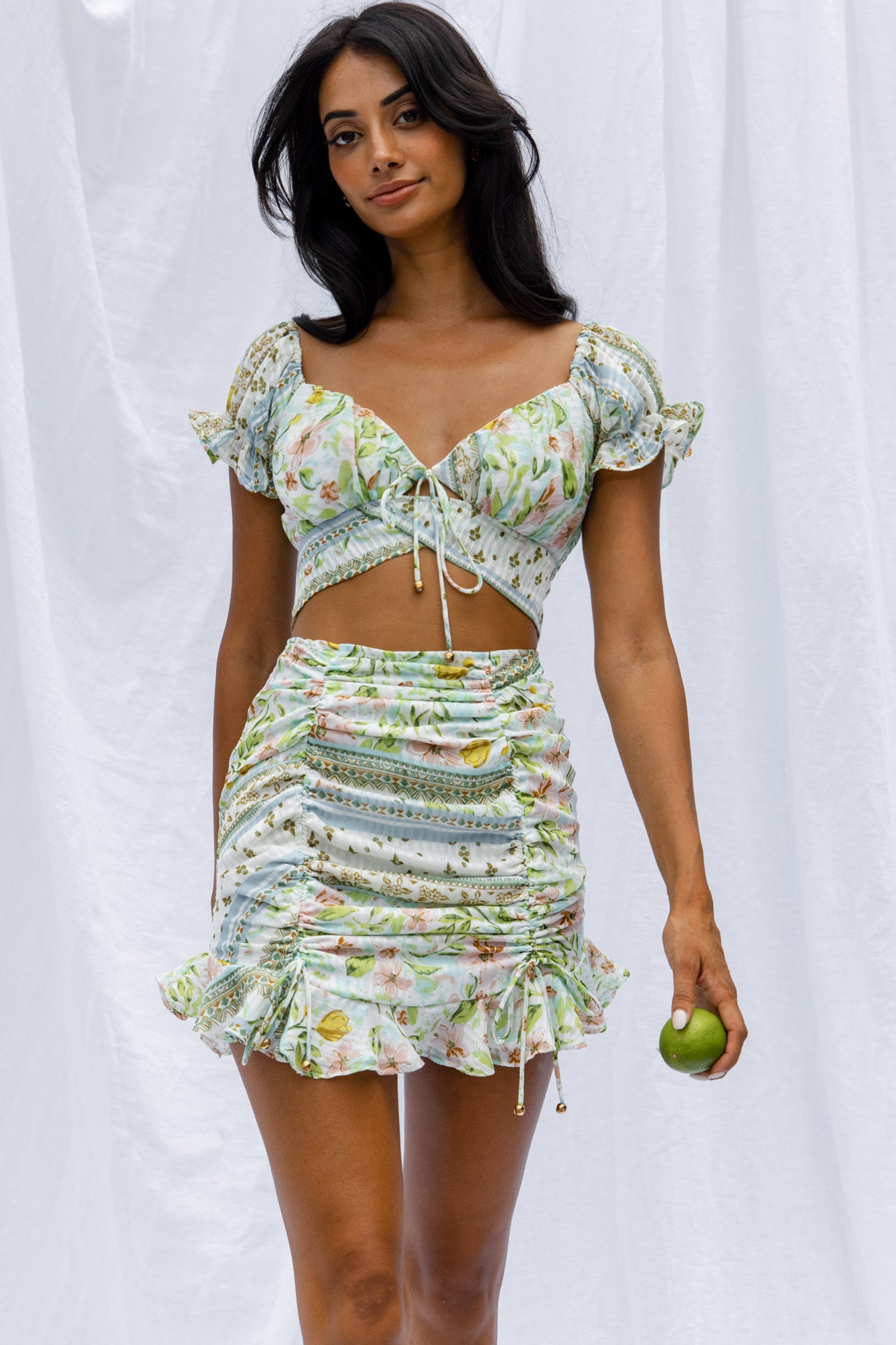 Azure Sky Ruched Mini Skirt Printed Green-Maymioy