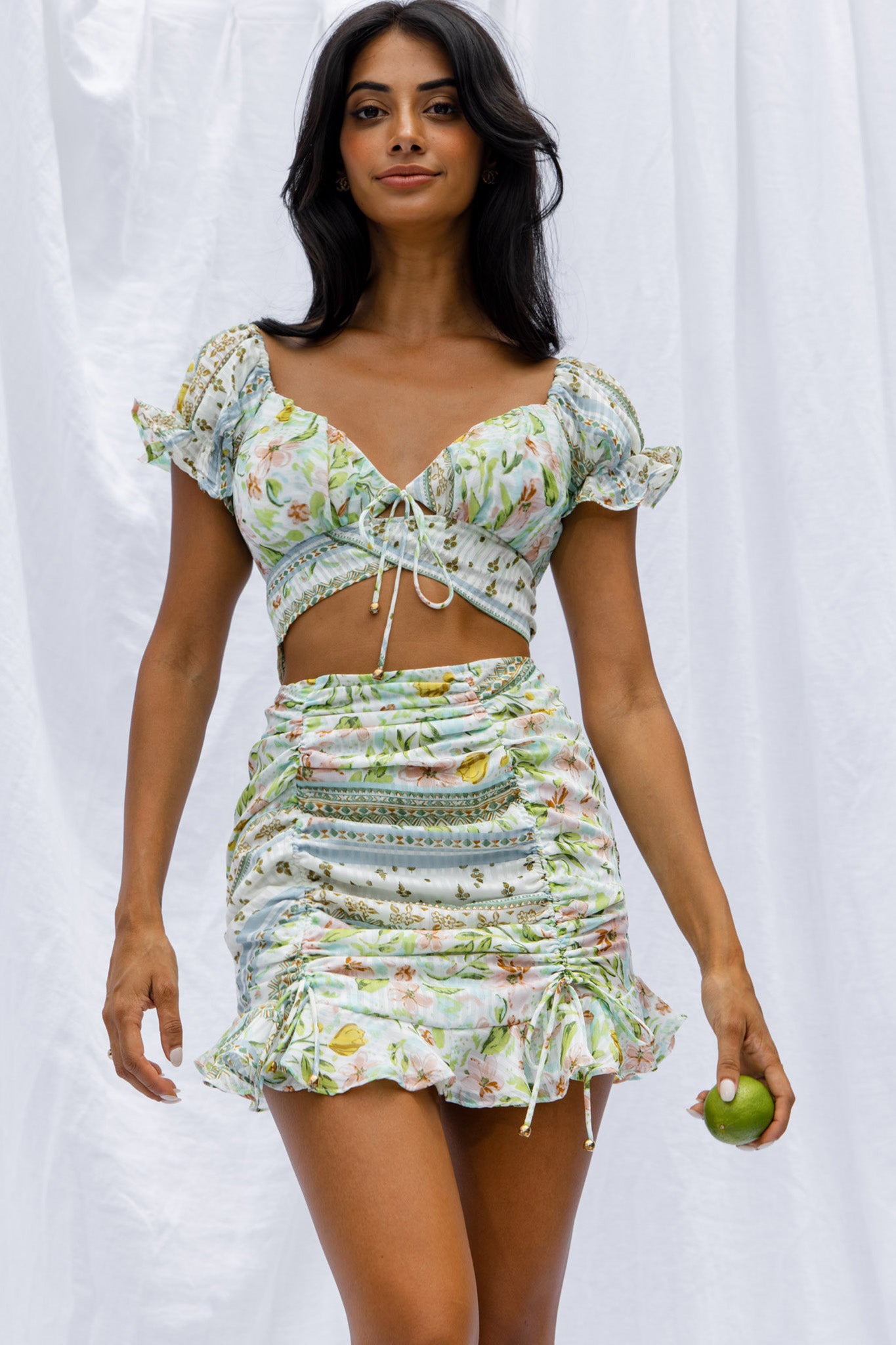 Azure Sky Ruched Mini Skirt Printed Green-Maymioy