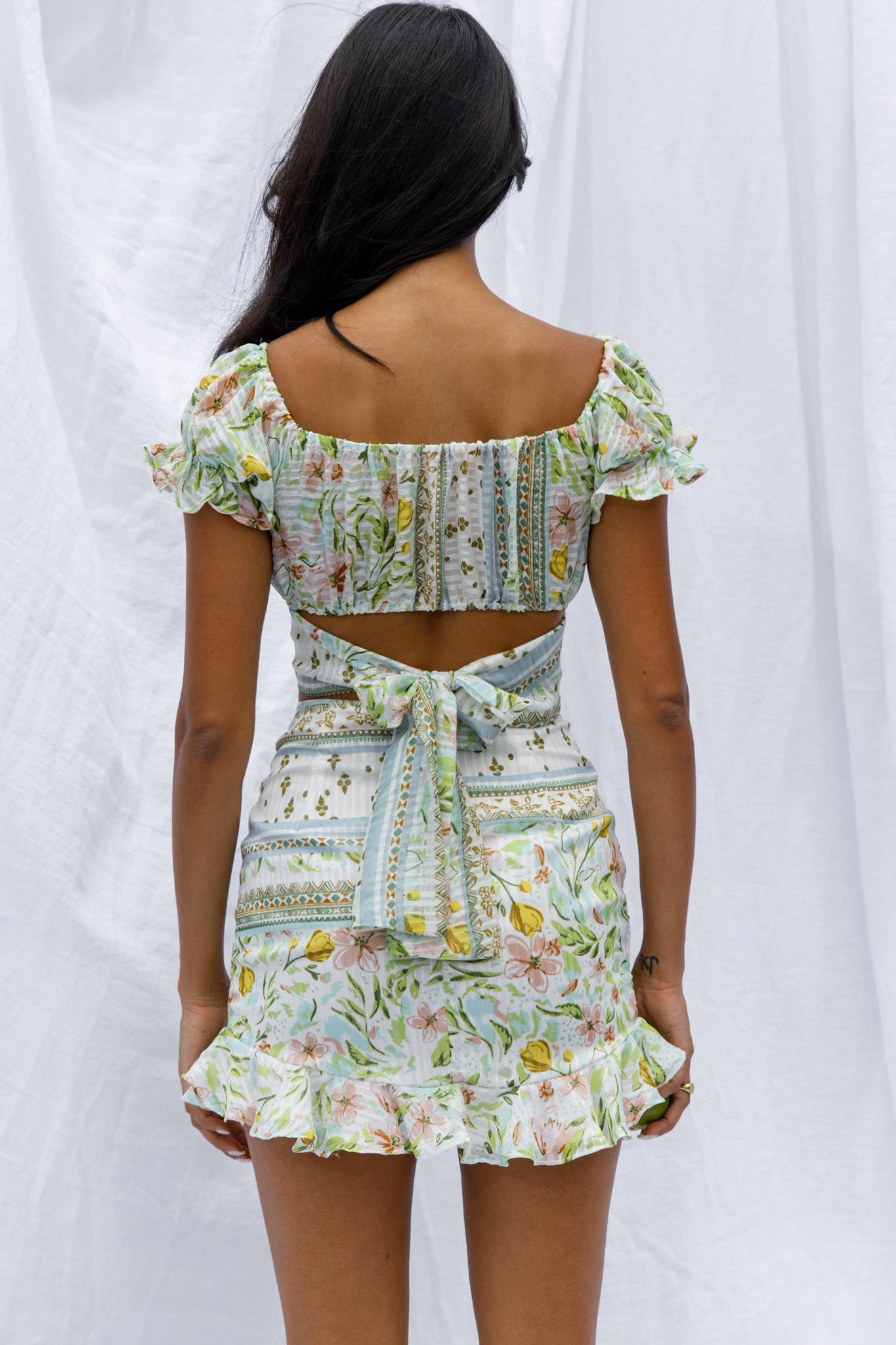 Azure Sky Ruched Mini Skirt Printed Green-Maymioy