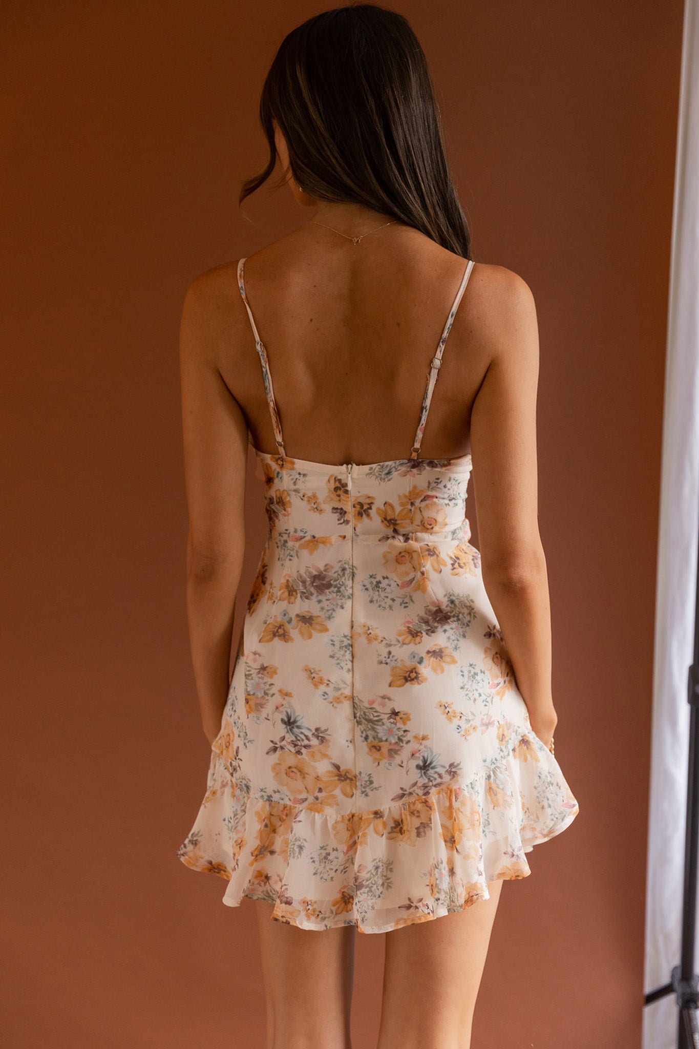 Good Vibes V-Neckline Frill Hem Dress Floral Beige-Maymioy