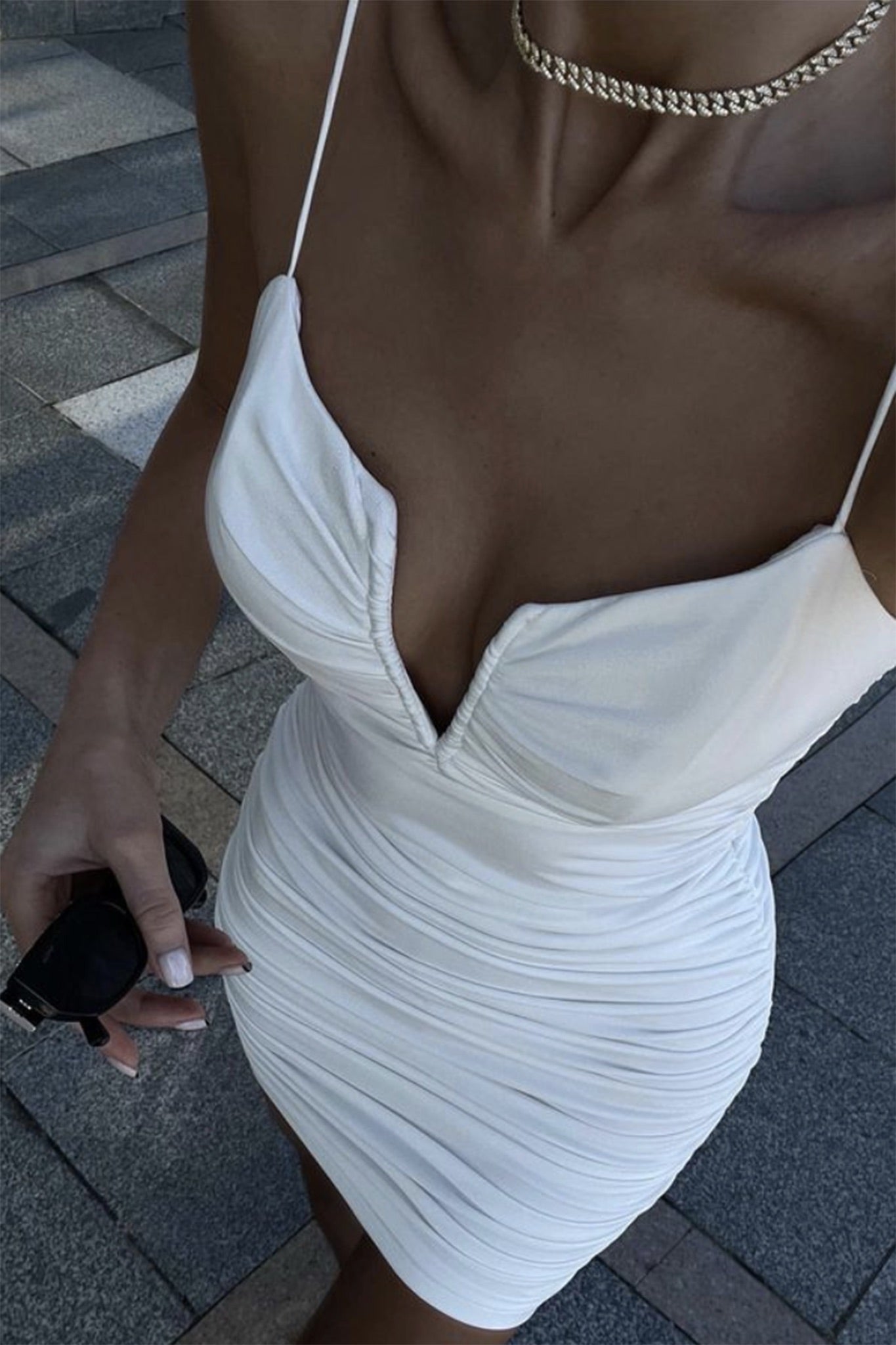 Good Vibes Cami Strap Deep V-Neckline Ruched Mini Dress White-Maymioy