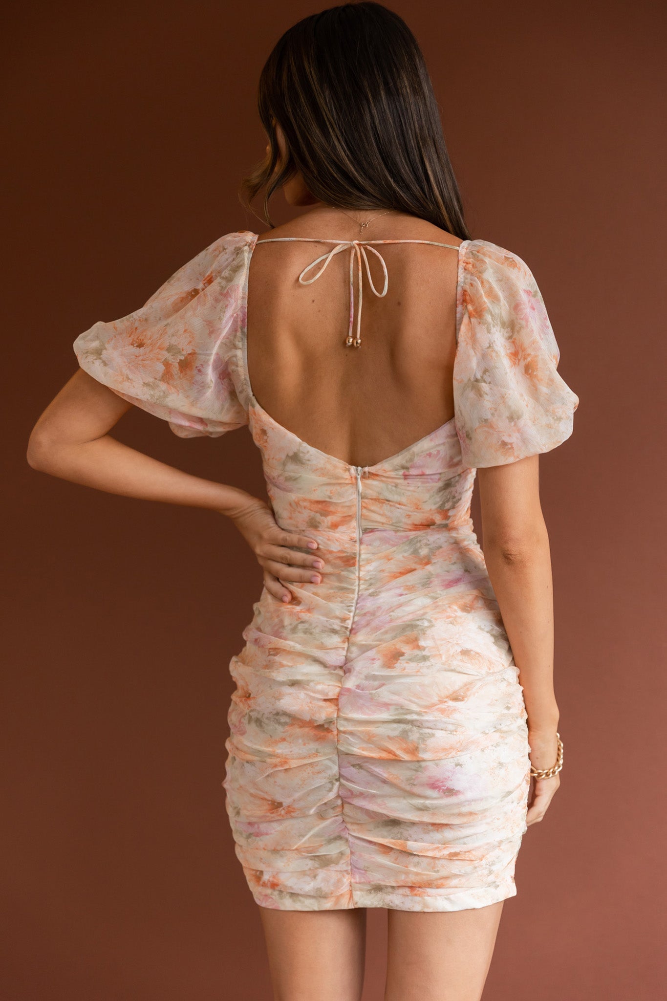 Good Vibes Puff Sleeve Deep V-Neckline Mini Dress Floral Print Orange-Maymioy