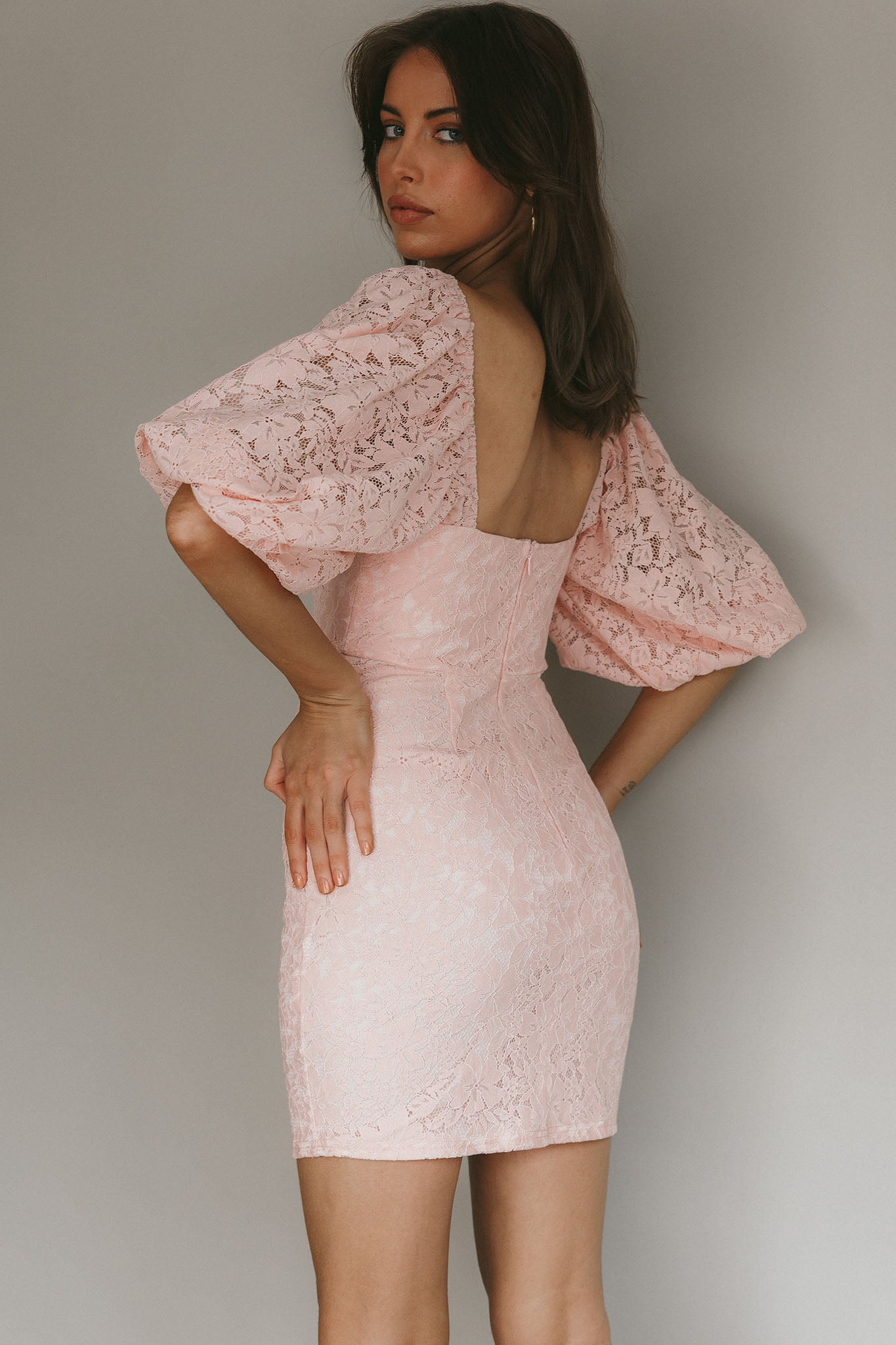 Good Vibes Puff Sleeve Deep V-Neckline Lace Mini Dress Blush-Maymioy