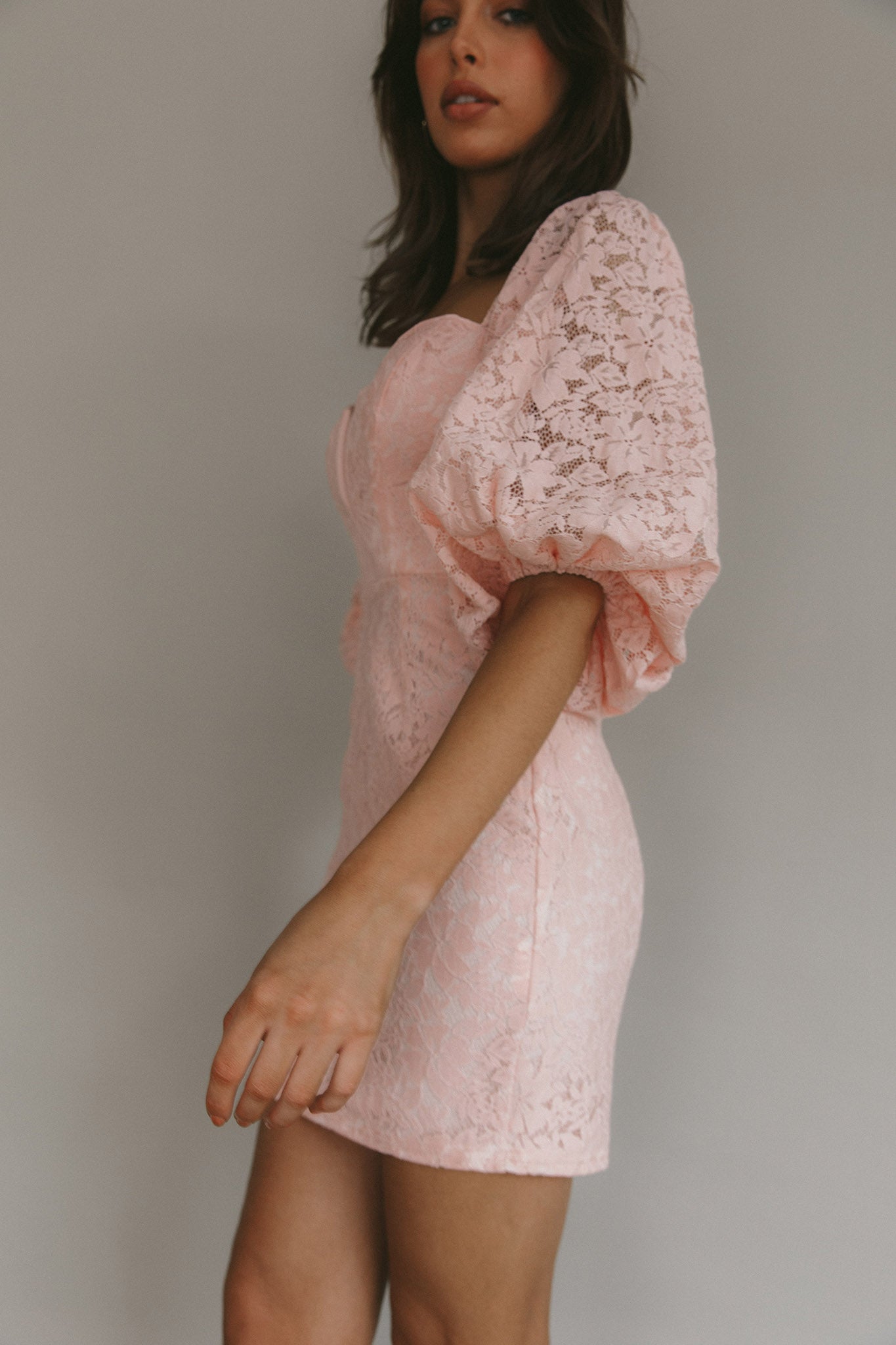 Good Vibes Puff Sleeve Deep V-Neckline Lace Mini Dress Blush-Maymioy