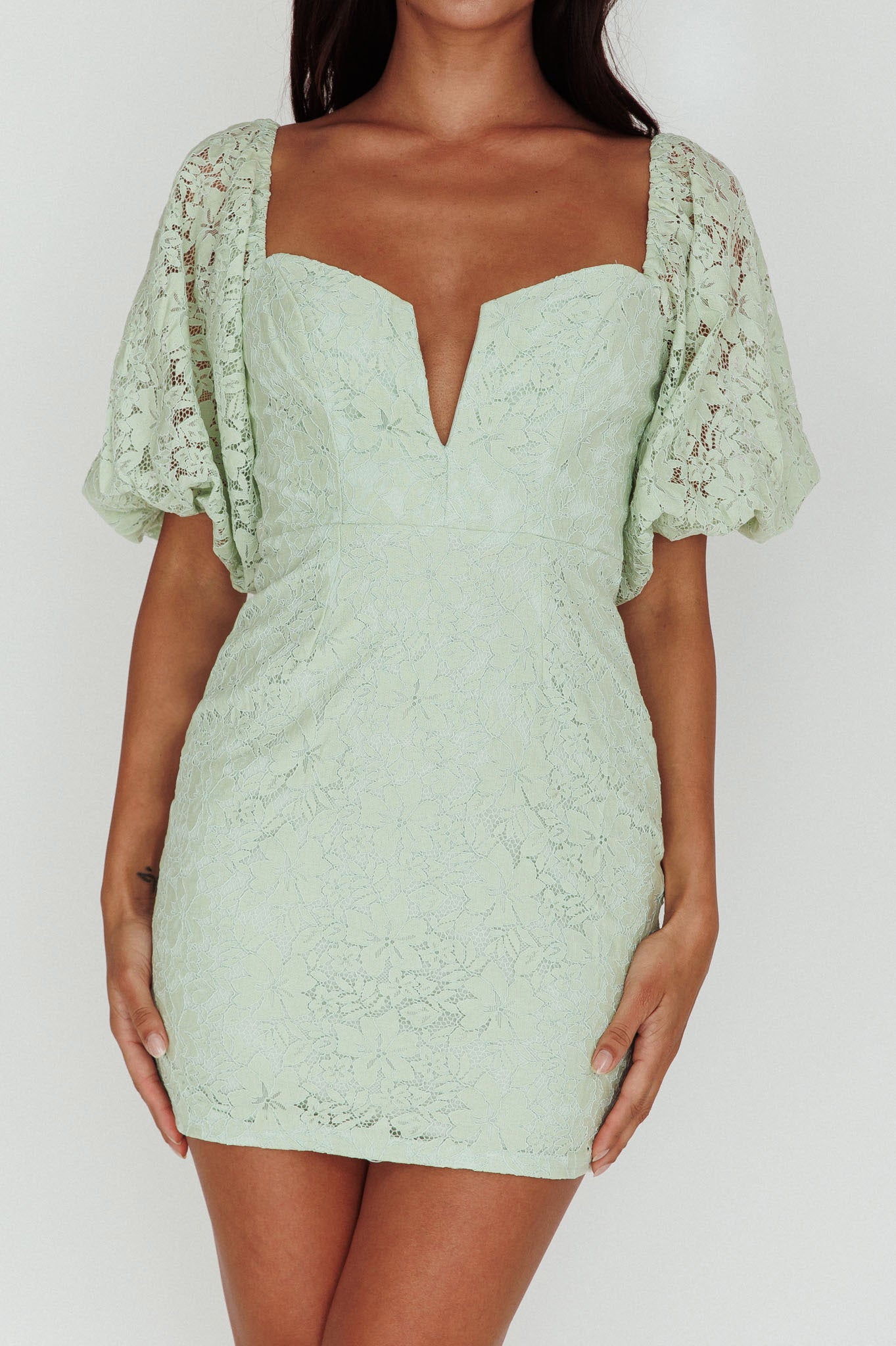 Good Vibes Puff Sleeve Deep V-Neckline Lace Mini Dress Sage-Maymioy