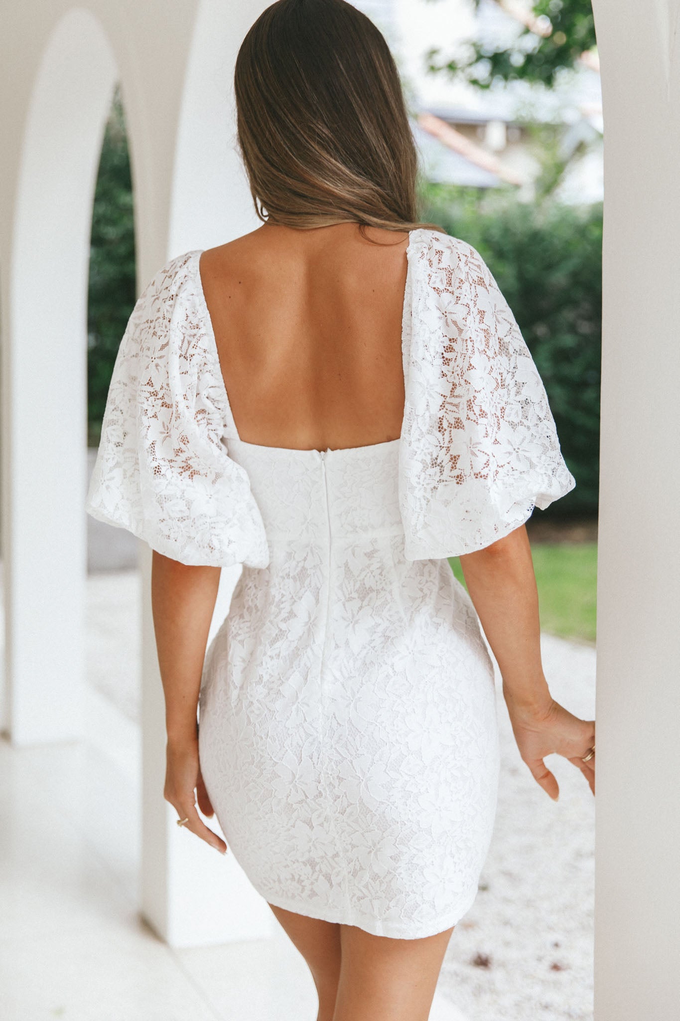 Good Vibes Puff Sleeve Deep V-Neckline Lace Mini Dress White-Maymioy