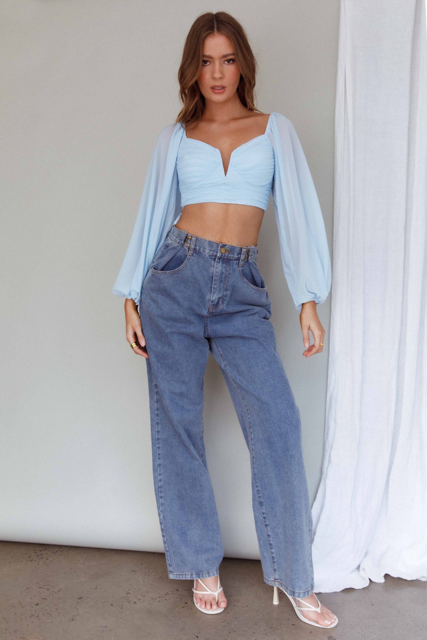 Tanner Long Sleeve Ruched Crop Top Steel Blue-Maymioy