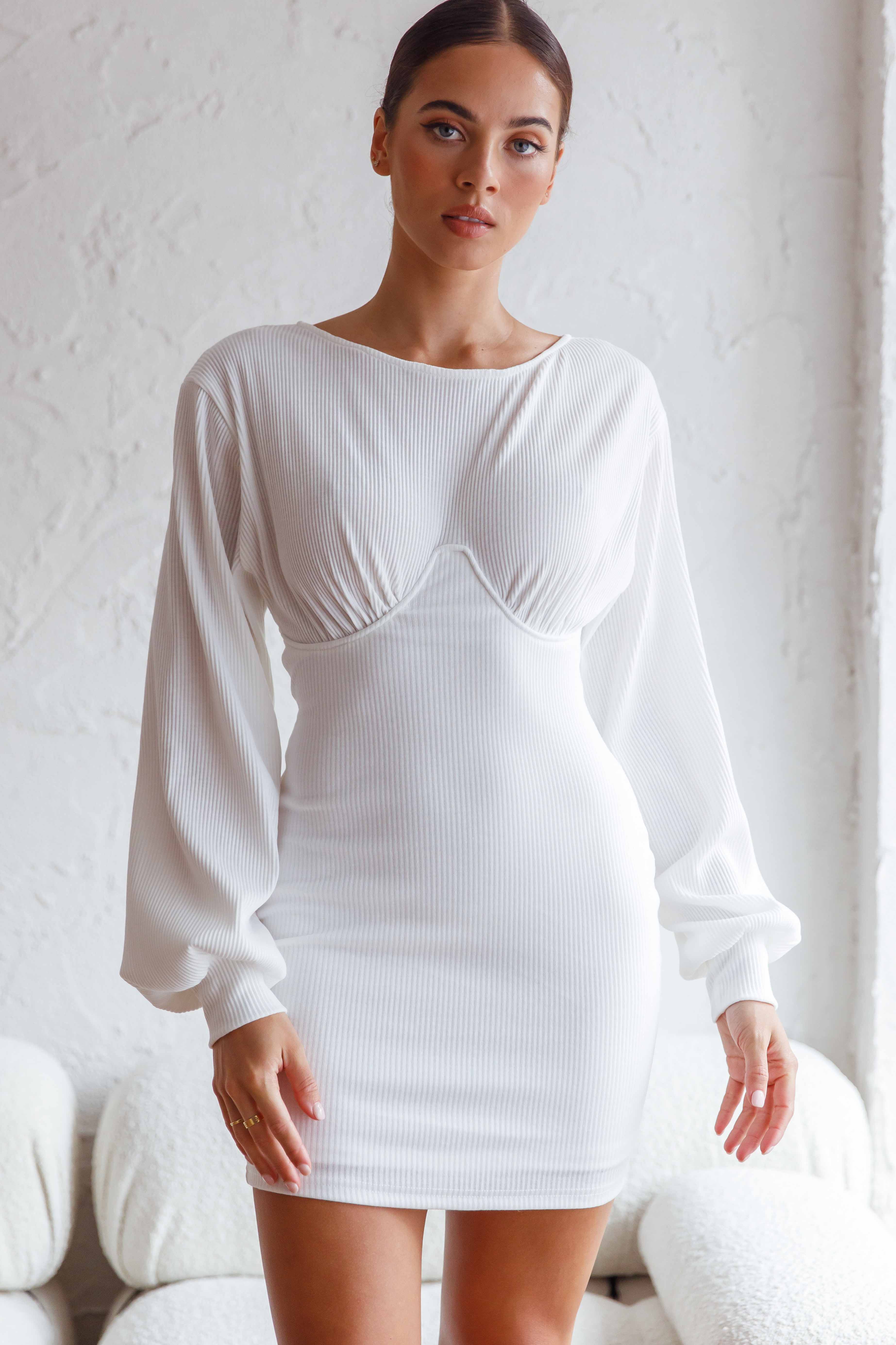 Sammy Long Balloon Sleeve Piping Detail Ribbed Dress White-Maymioy