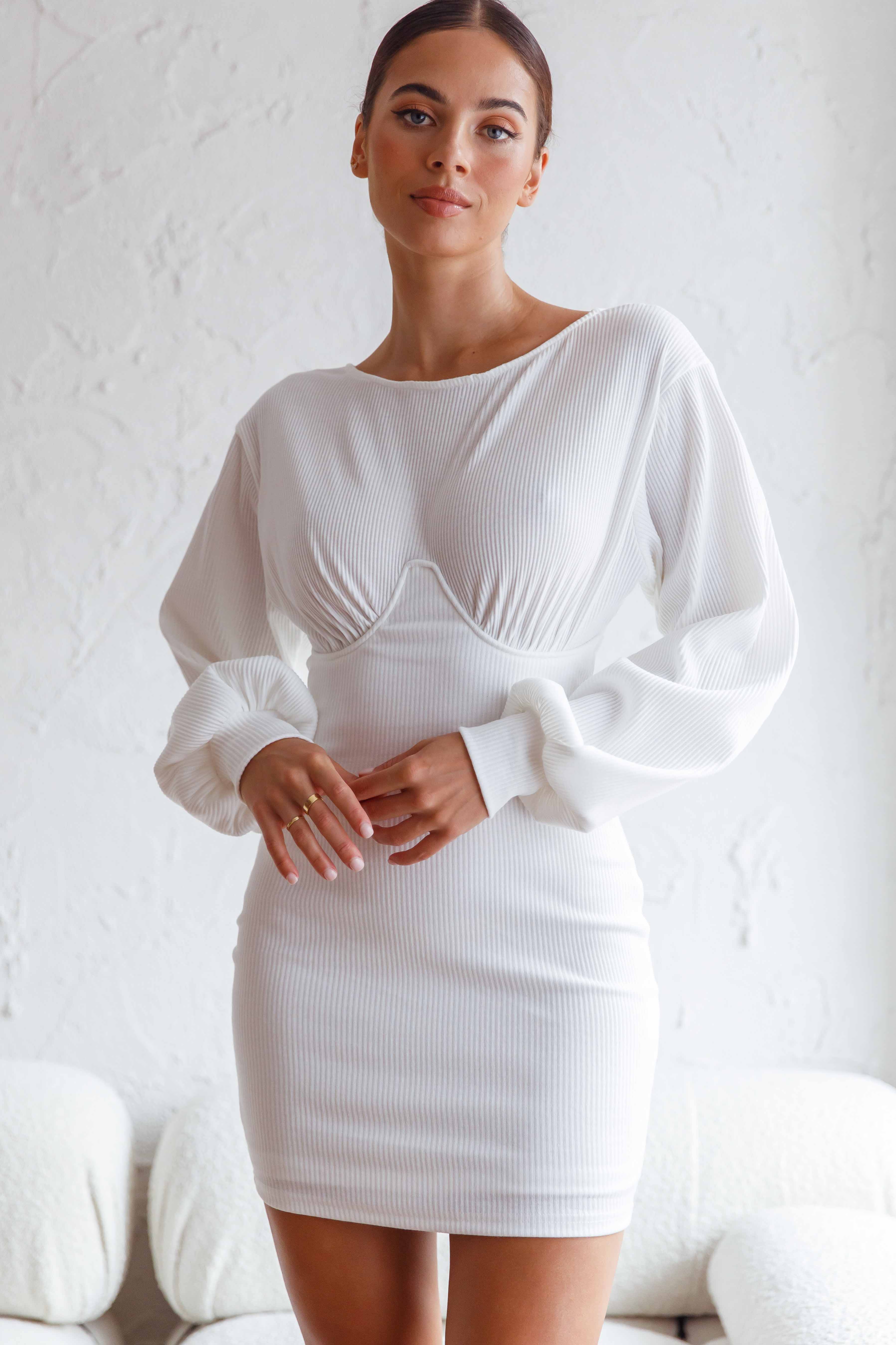 Sammy Long Balloon Sleeve Piping Detail Ribbed Dress White-Maymioy