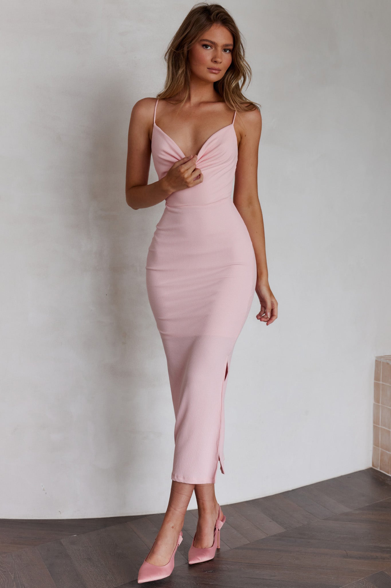 Frieda Cowl Neck Side Split Ribbed Midi Dress Blush-Maymioy