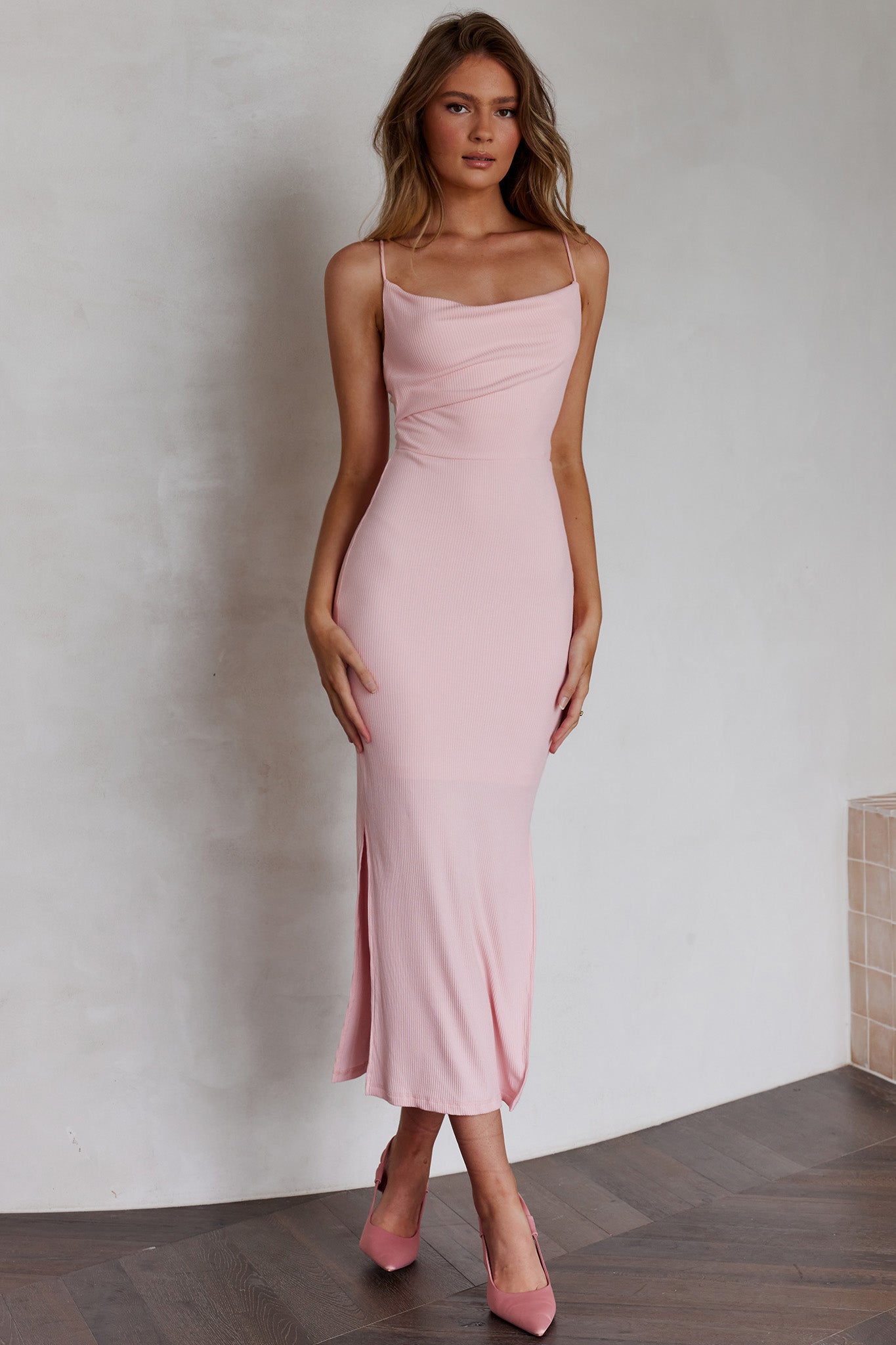 Frieda Cowl Neck Side Split Ribbed Midi Dress Blush-Maymioy