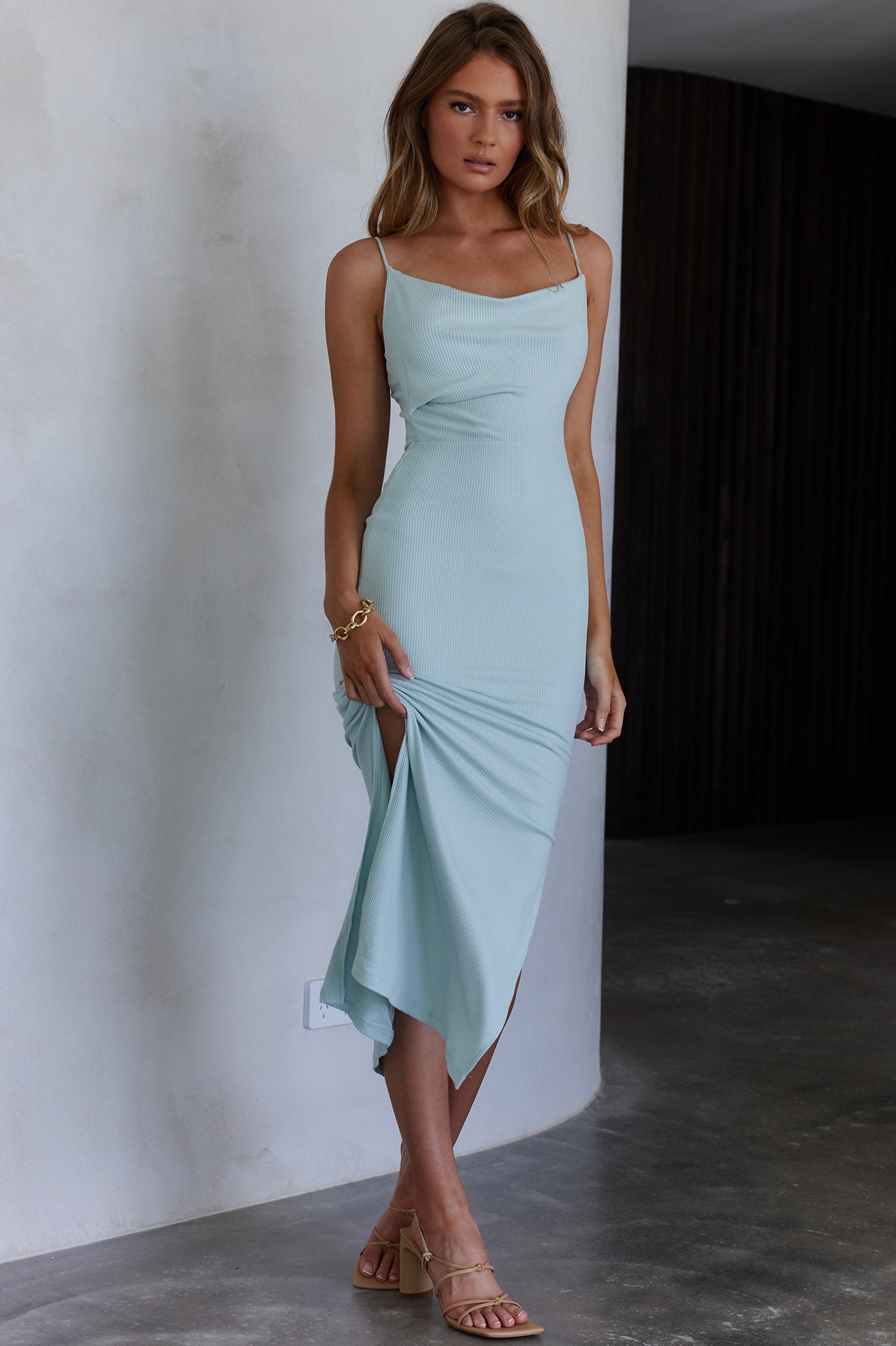 Frieda Cowl Neck Side Split Ribbed Midi Dress Sky Blue-Maymioy