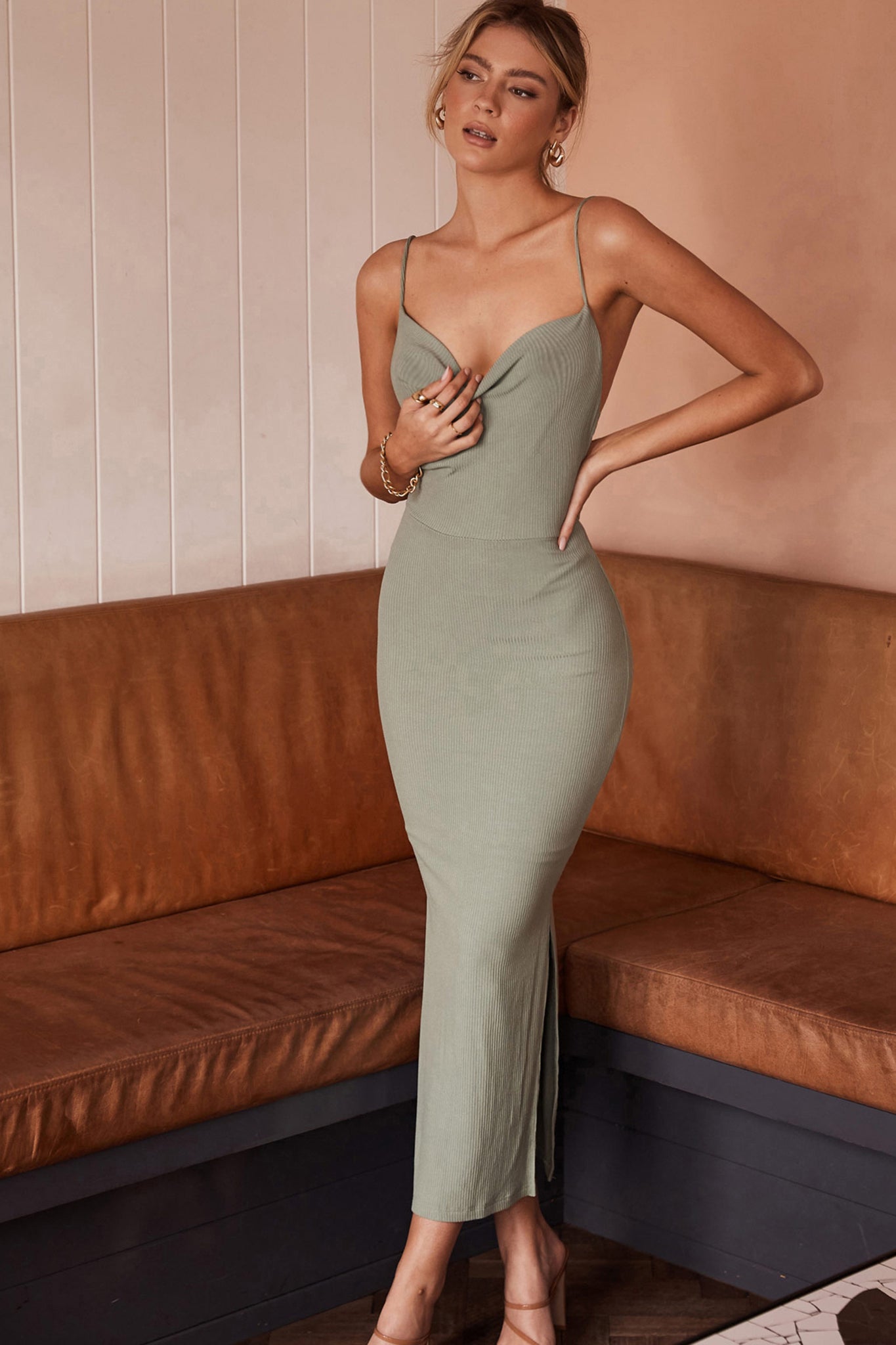 Frieda Cowl Neck Side Split Ribbed Midi Dress Sage-Maymioy