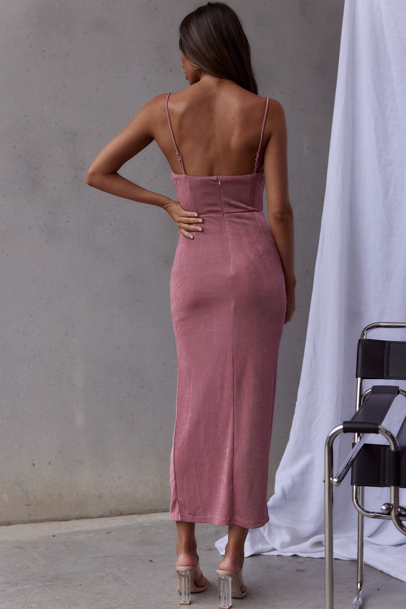 Frieda Cowl Neck Front Split Midi Dress Mauve-Maymioy