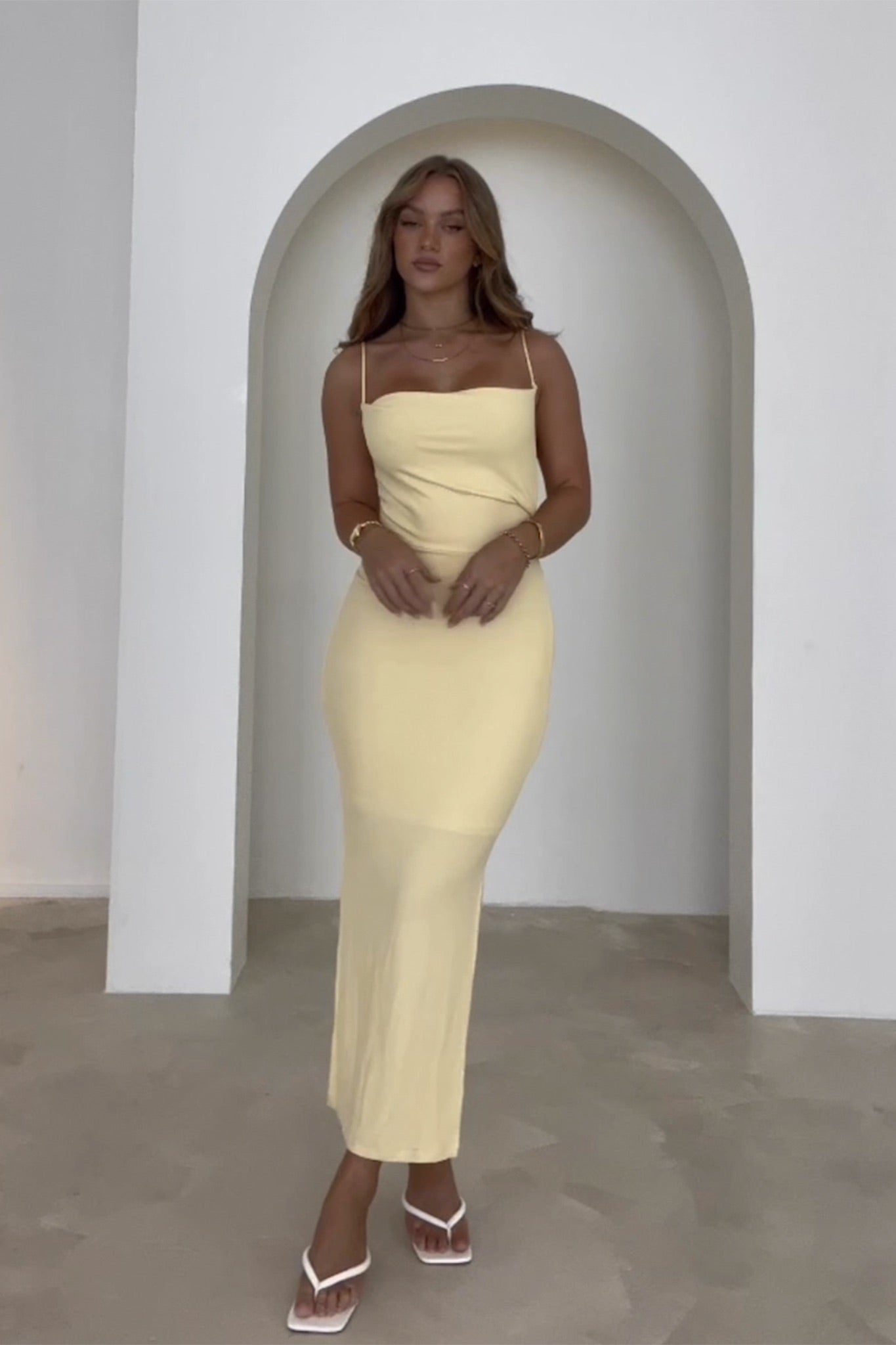Frieda Cowl Neck Side Split Ribbed Midi Dress Yellow-Maymioy