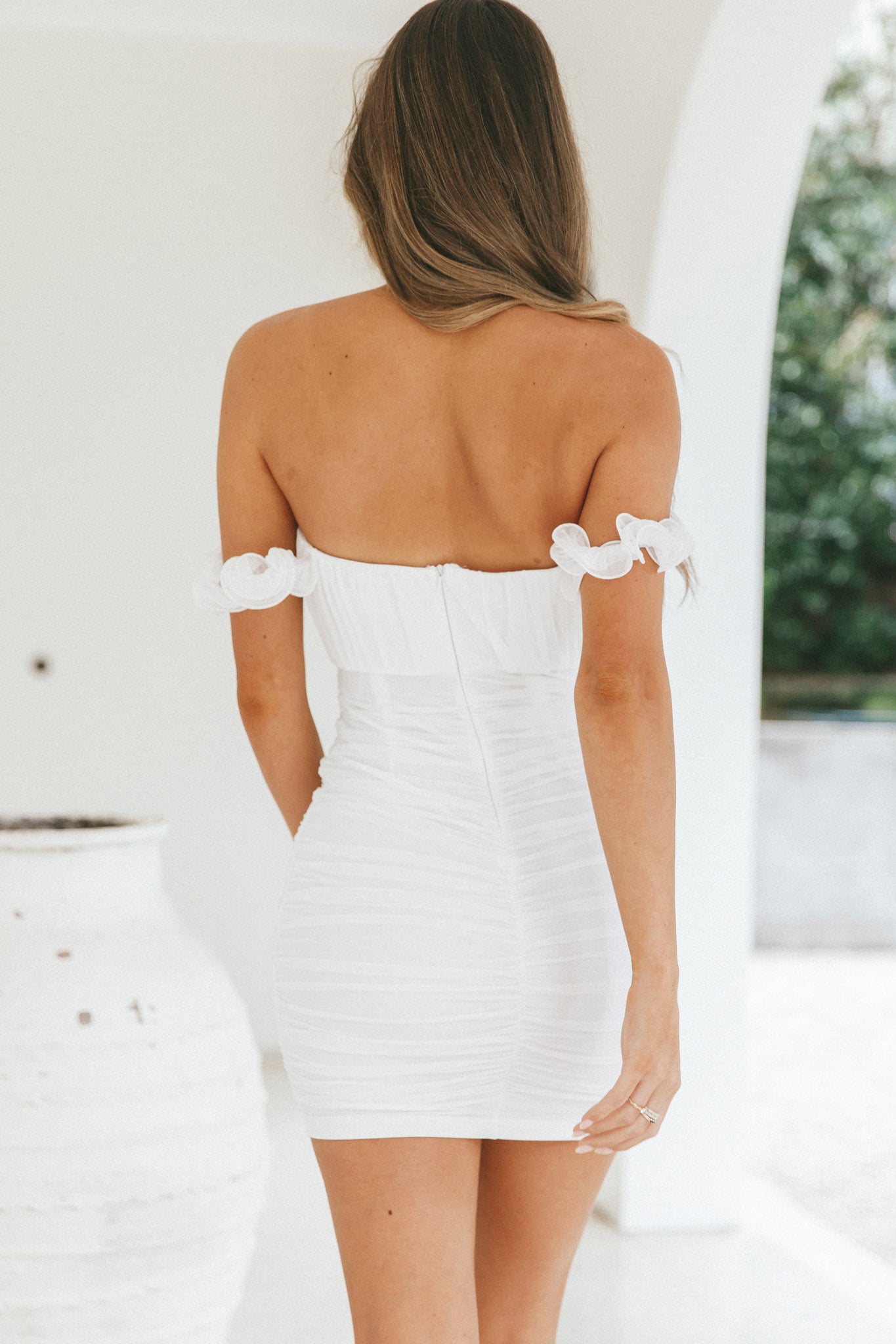 Senorita Off-Shoulder Lettuce Edge Detail Ruched Mini Dress White-Maymioy