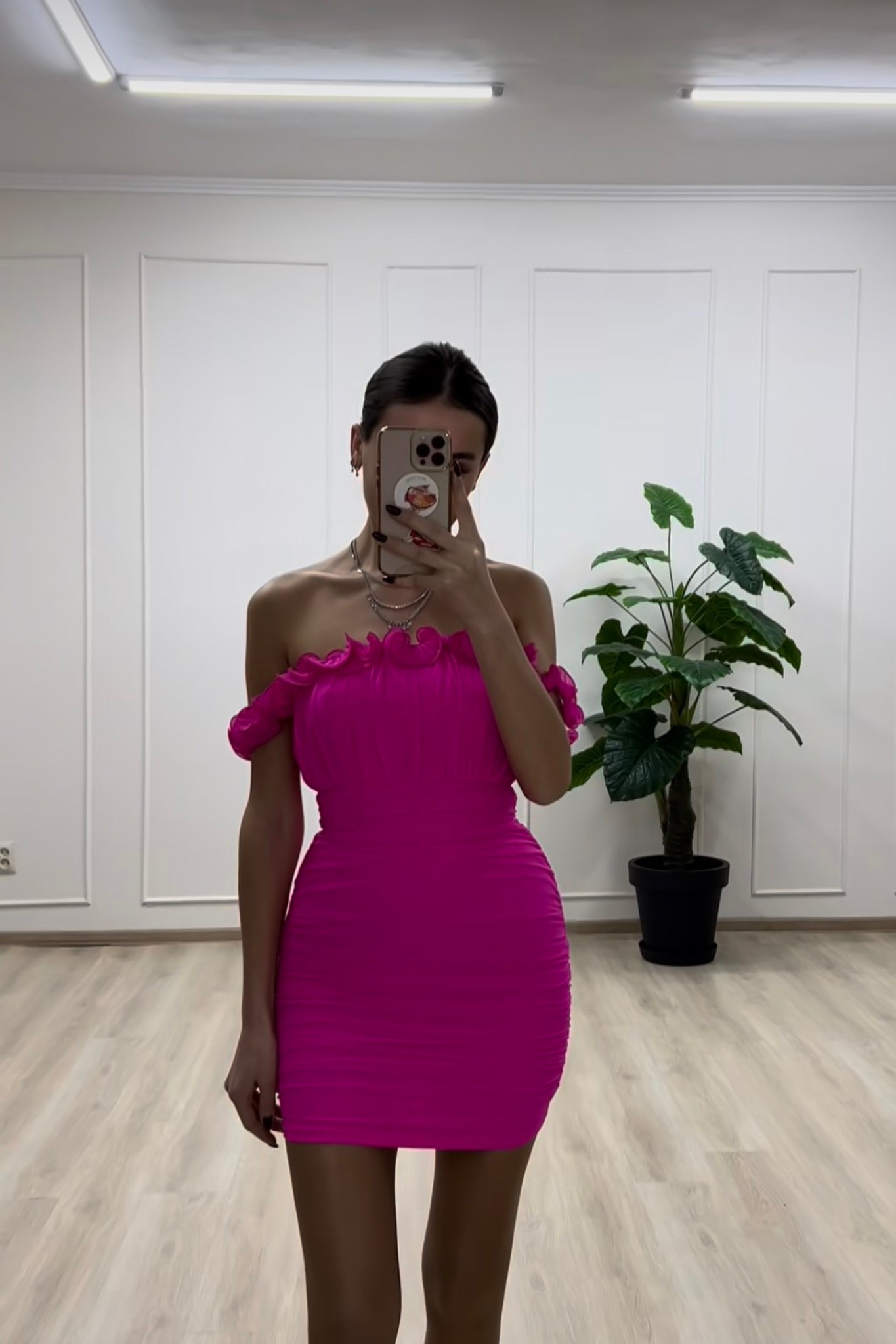 Senorita Off-Shoulder Lettuce Edge Detail Ruched Mini Dress Hot Pink-Maymioy