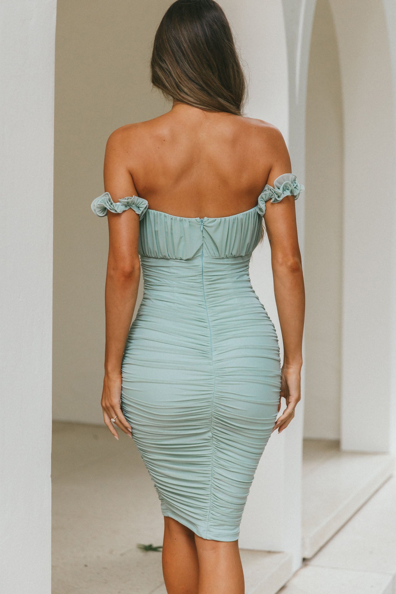 Senorita Off-Shoulder Lettuce Edge Detail Ruched Knee Length Dress Pistachio-Maymioy