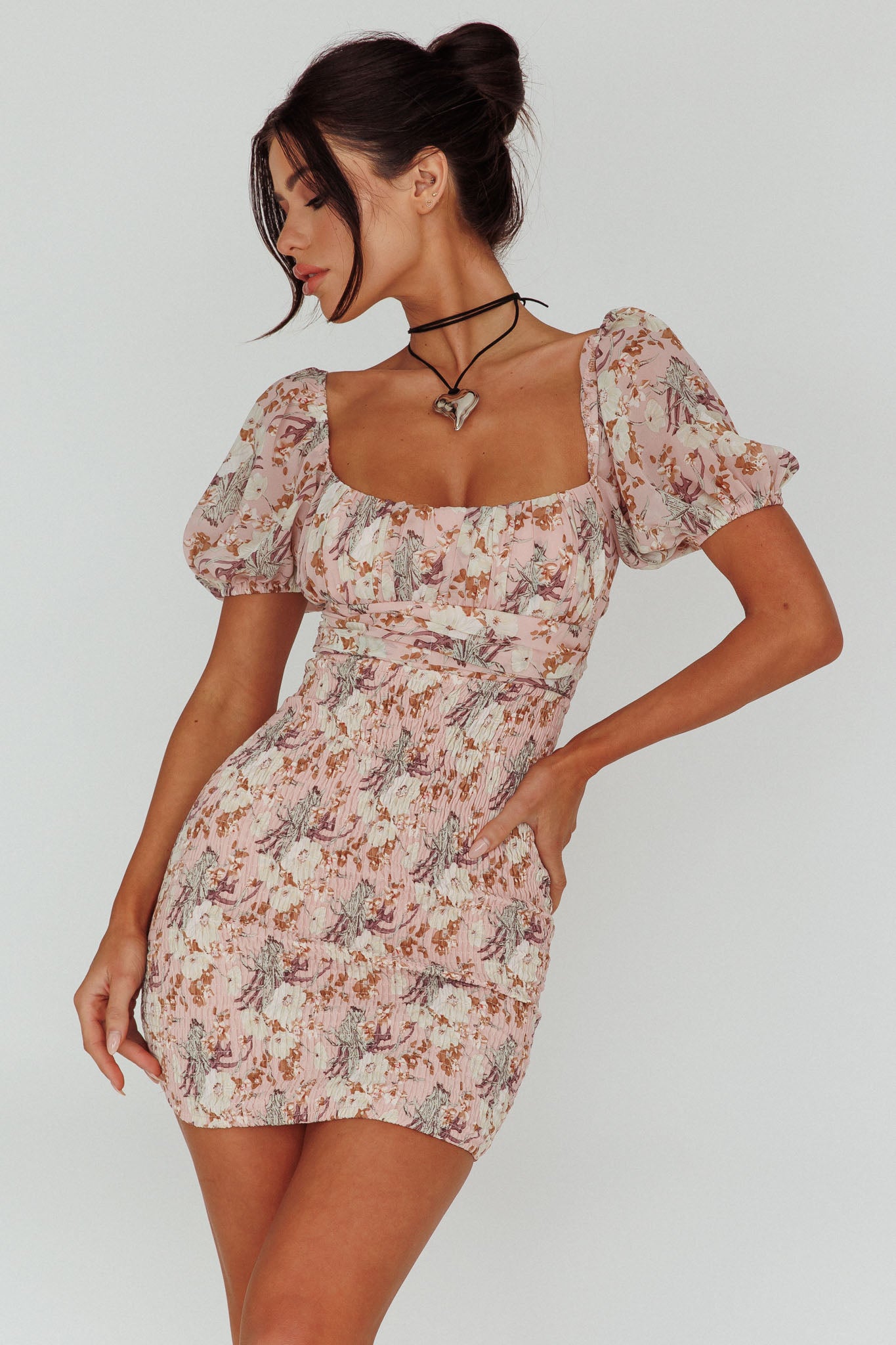 Joie Puff Sleeve Shirred Dress Floral Blush-Maymioy