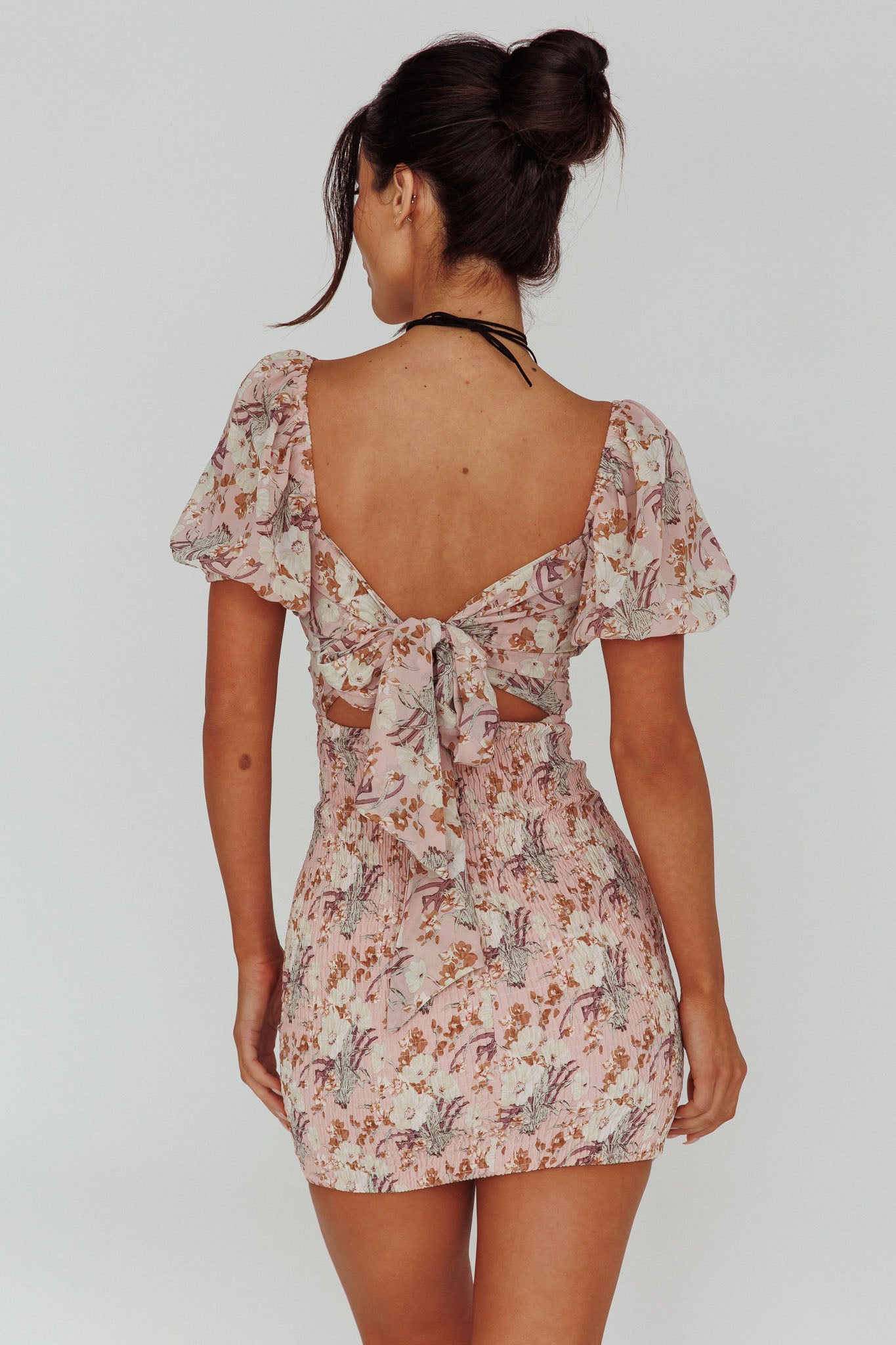 Joie Puff Sleeve Shirred Dress Floral Blush-Maymioy