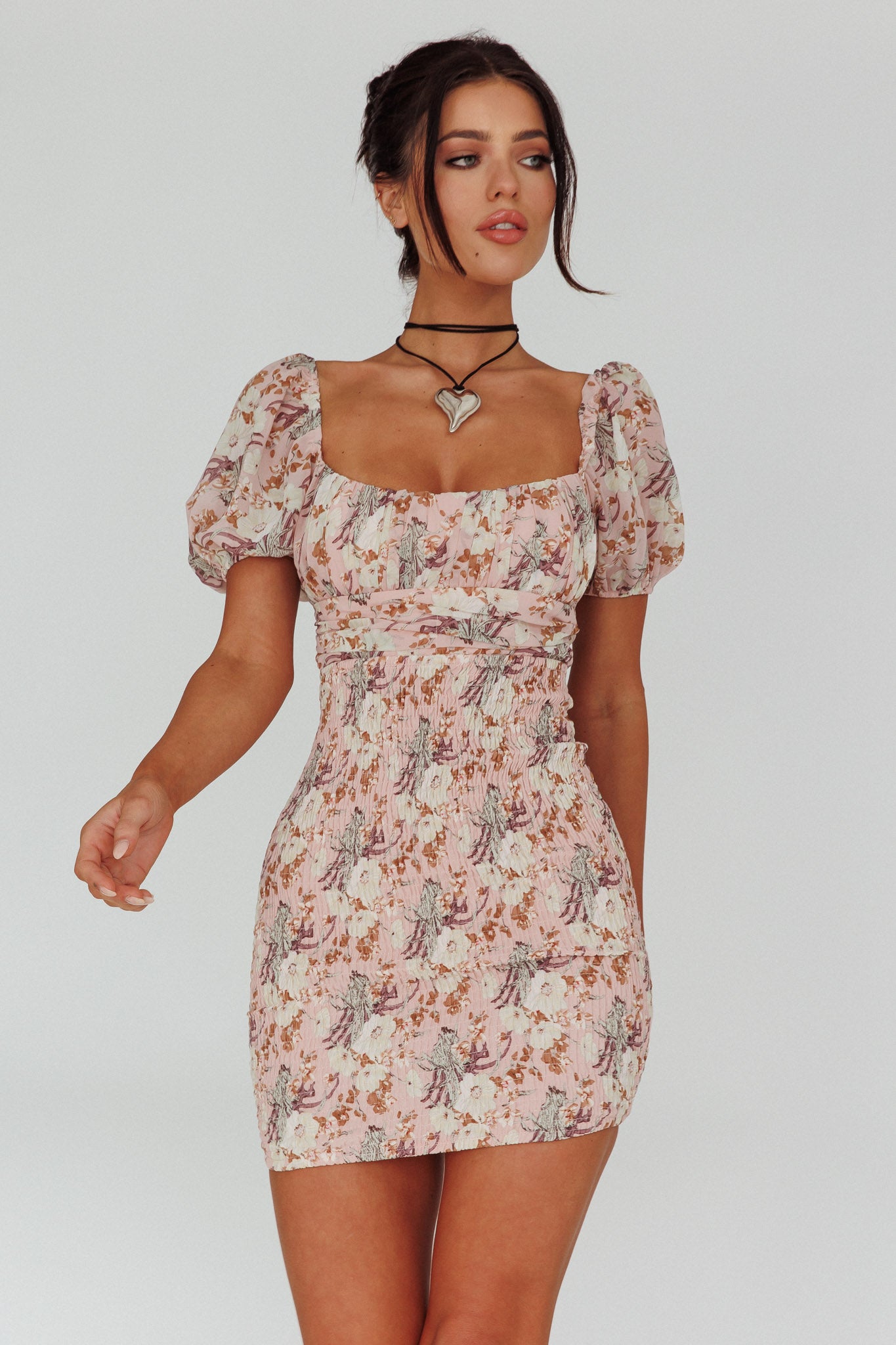 Joie Puff Sleeve Shirred Dress Floral Blush-Maymioy