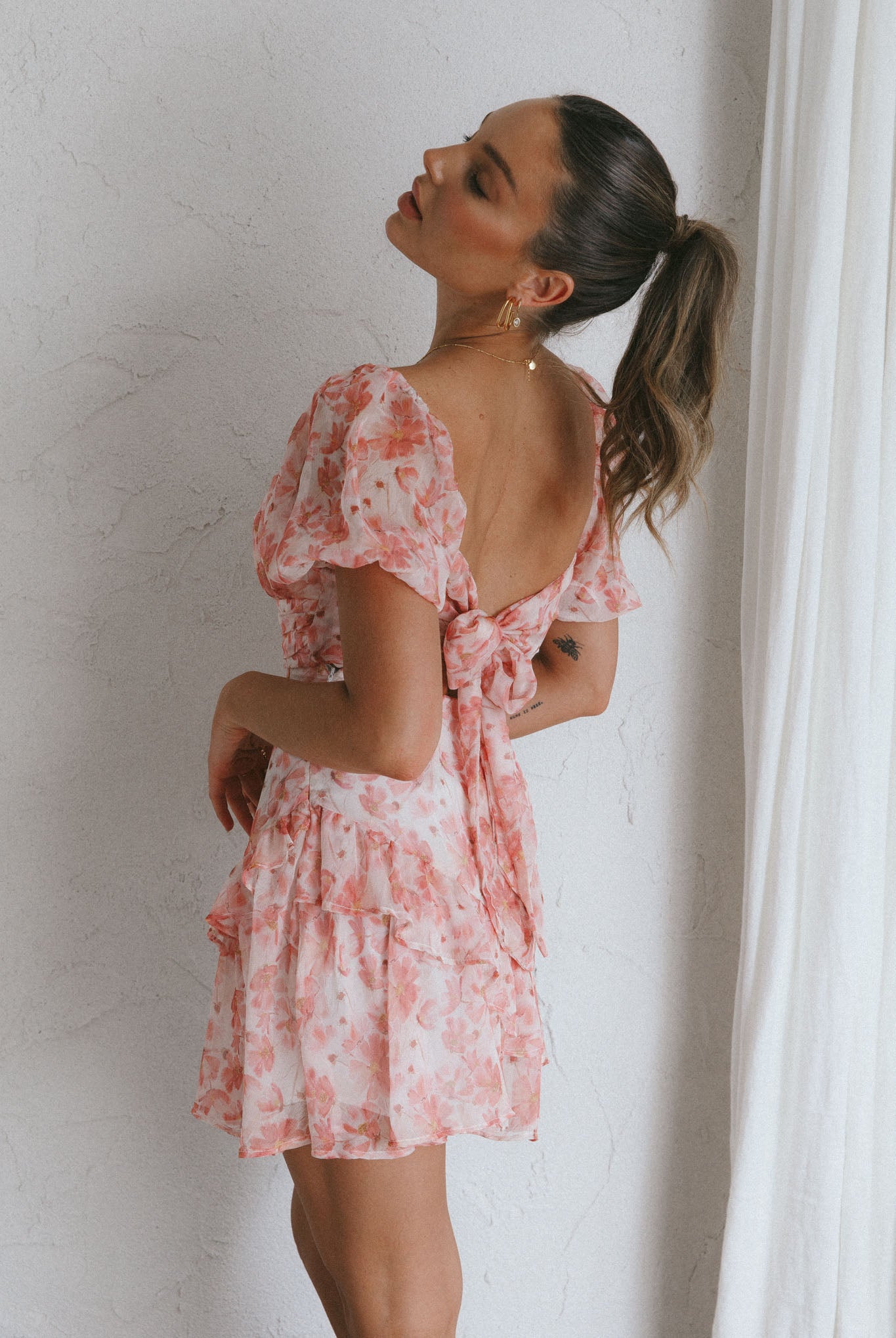 Joie Puff Sleeve Frill Dress Floral Pink-Maymioy